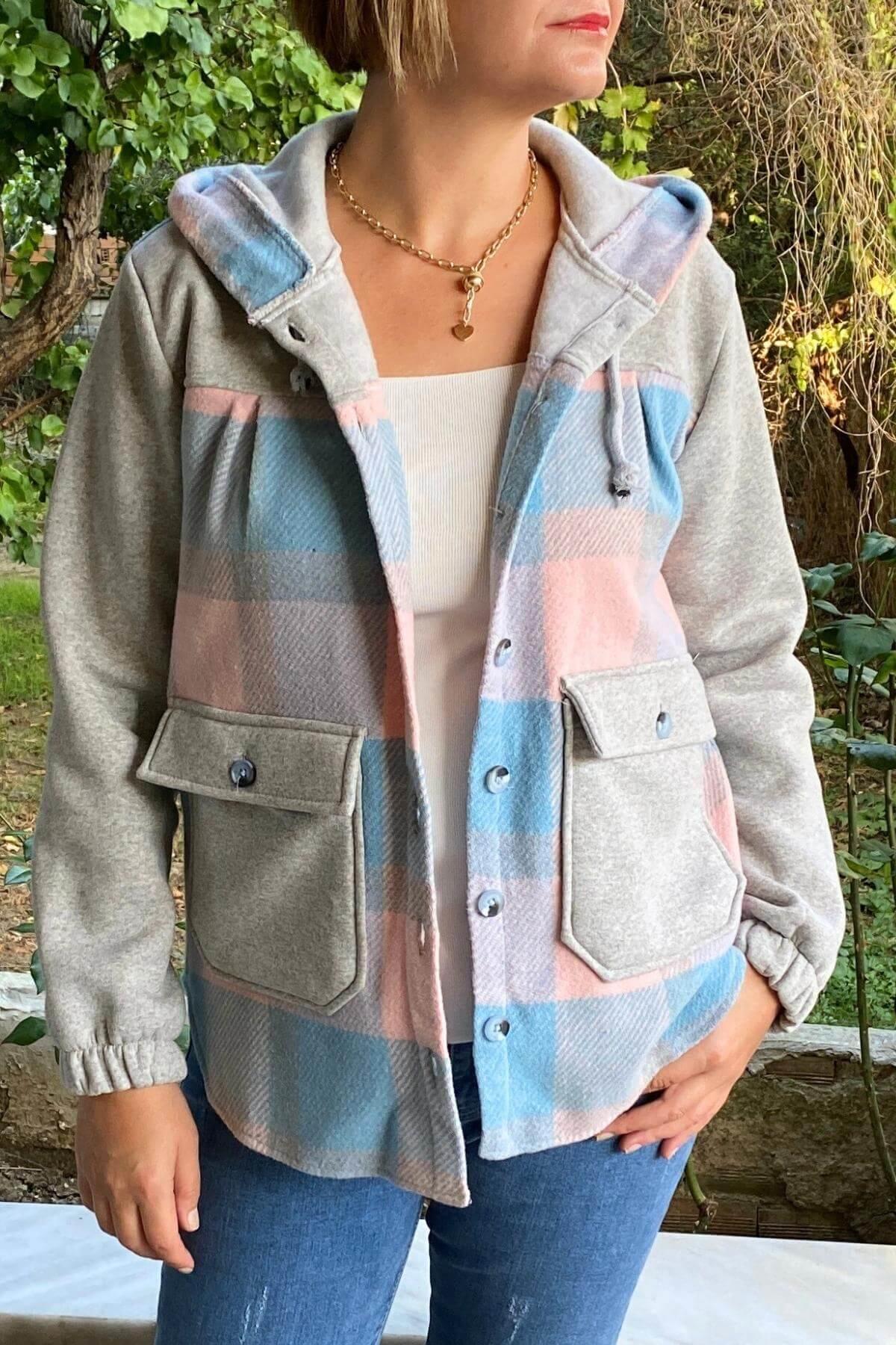 Kadın Mavi Kapşonlu Oduncu Gömlek Ceket