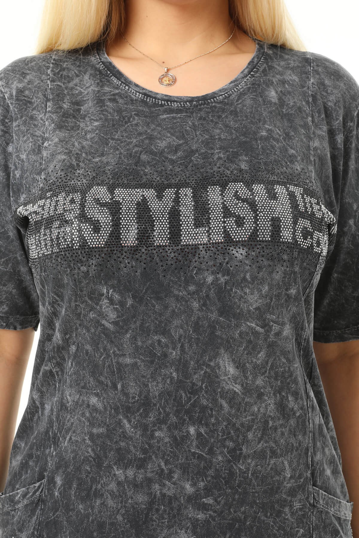 Büyük Beden Füme Küçük Taşlarla Süslenmiş Pamuklu Elbise