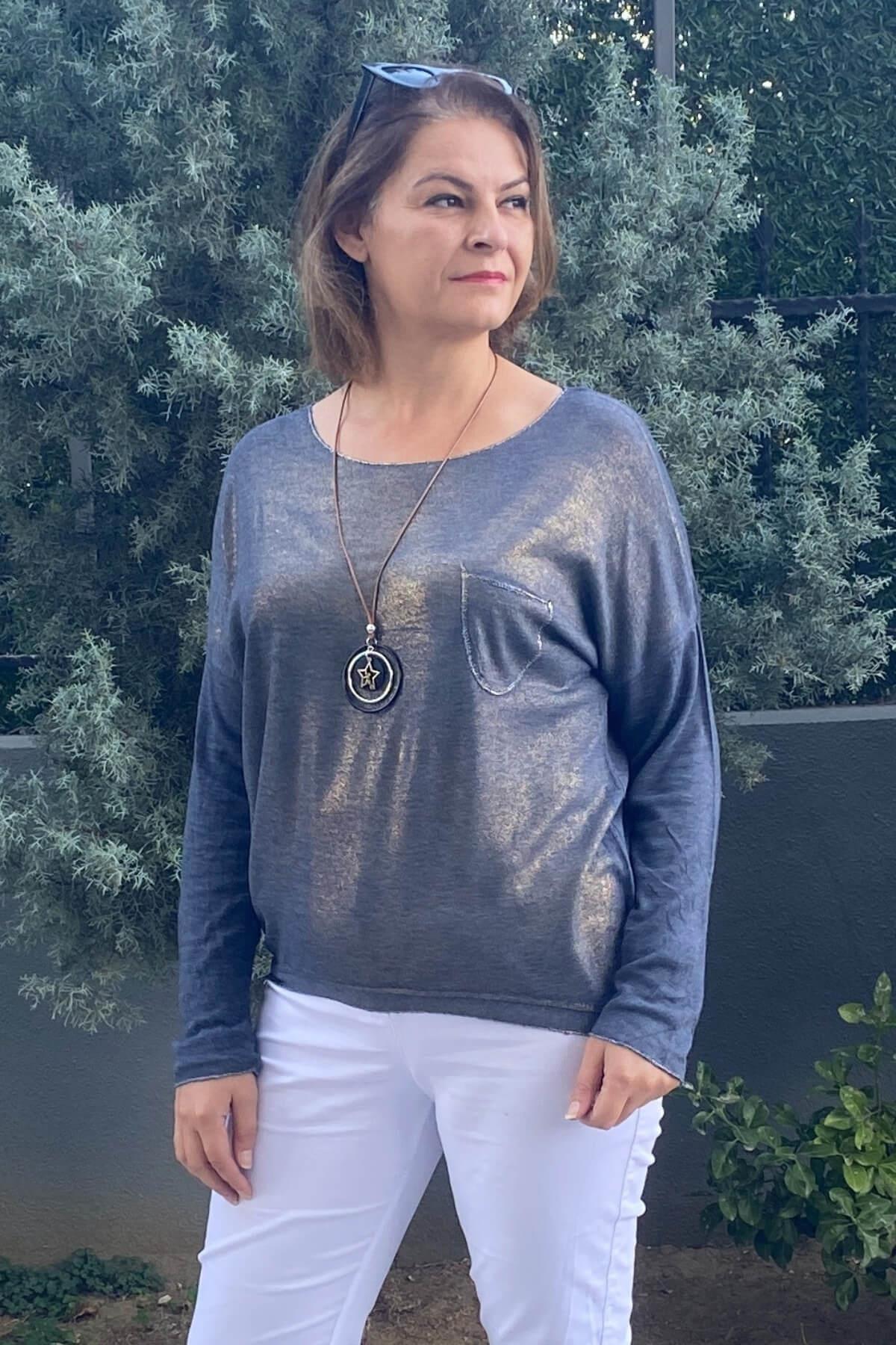 Kadın İtalyan Lacivert Varak Detaylı Triko Bluz