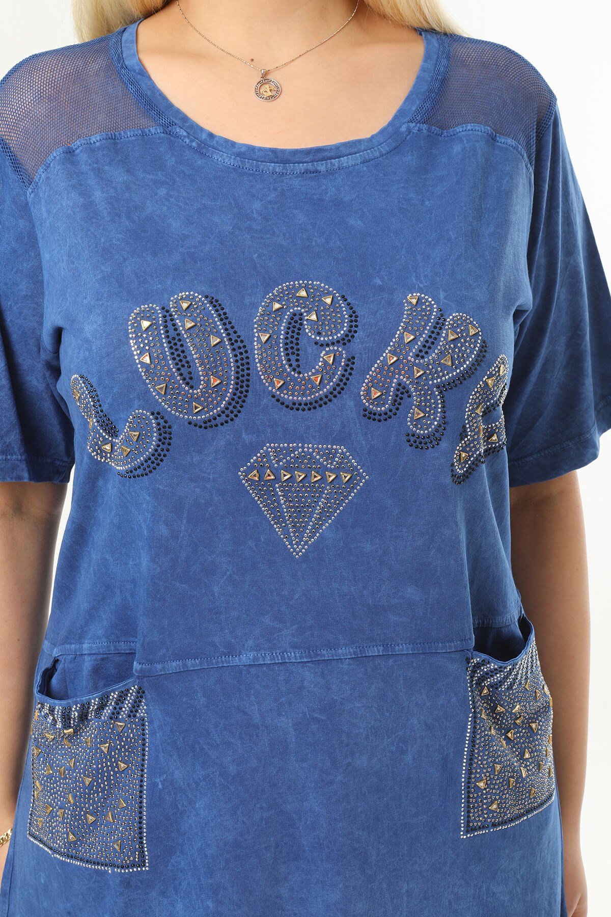 Büyük Beden Mavi Omuzları File Detaylı Elbise