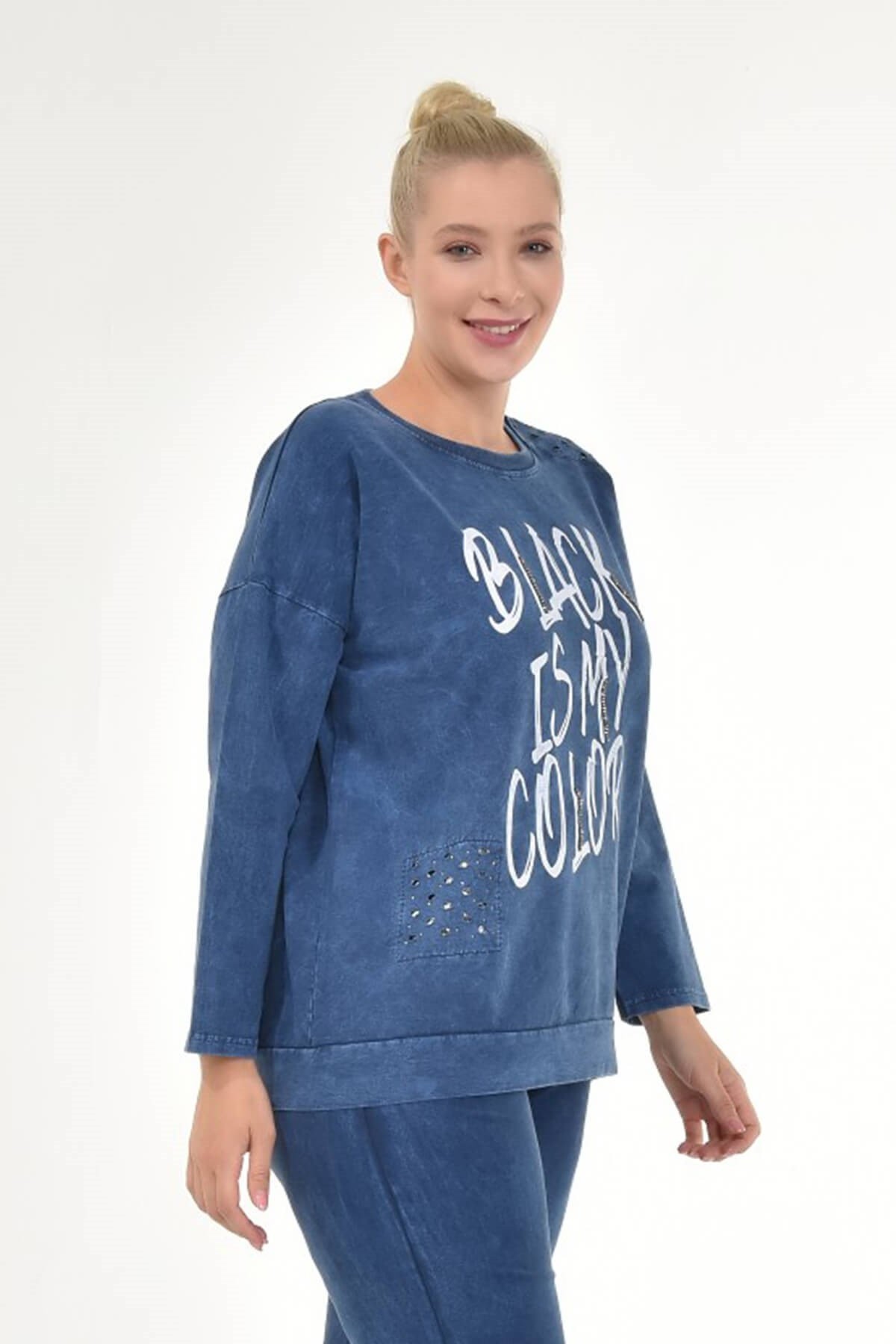 Kadın Büyük Beden İtalyan Yıkamalı Lacivert Yuvarlak Yaka Sweatshirt