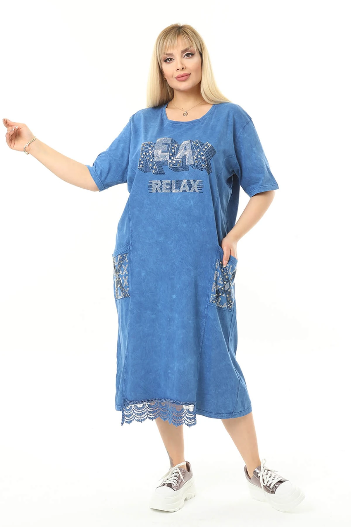 Büyük Beden Mavi Eteği Dantel Detaylı Elbise