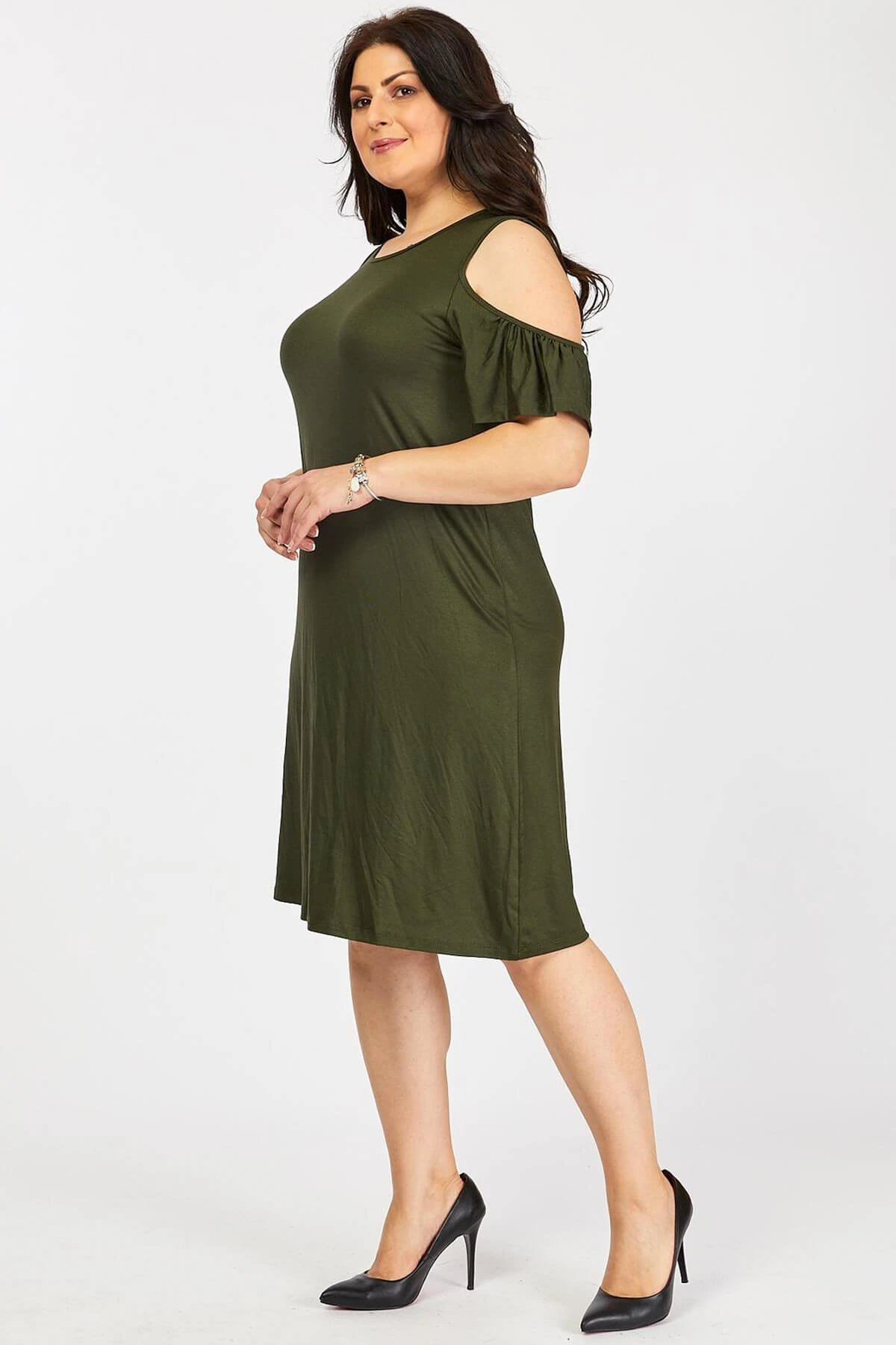 Büyük Beden Haki Omuzu Dekolteli Elbise