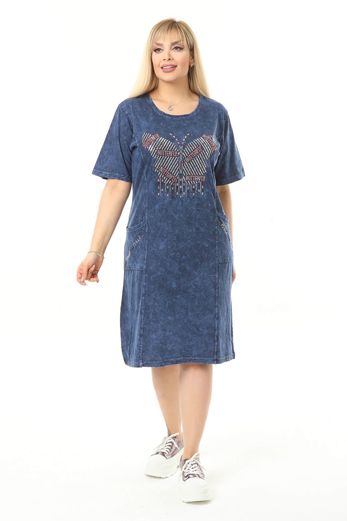 Büyük Beden Lacivert Kelebek Taslı Elbise
