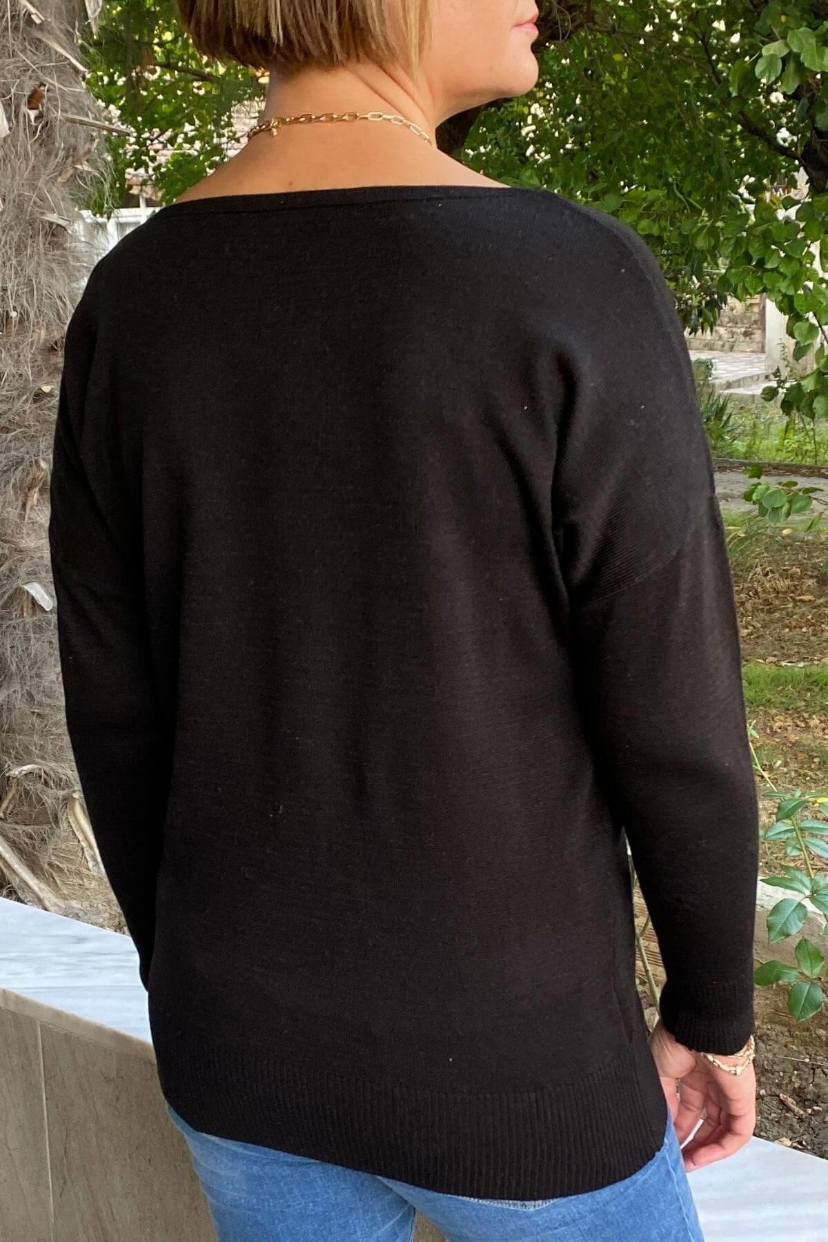 Kadın Siyah Kayık Yaka Triko Bluz