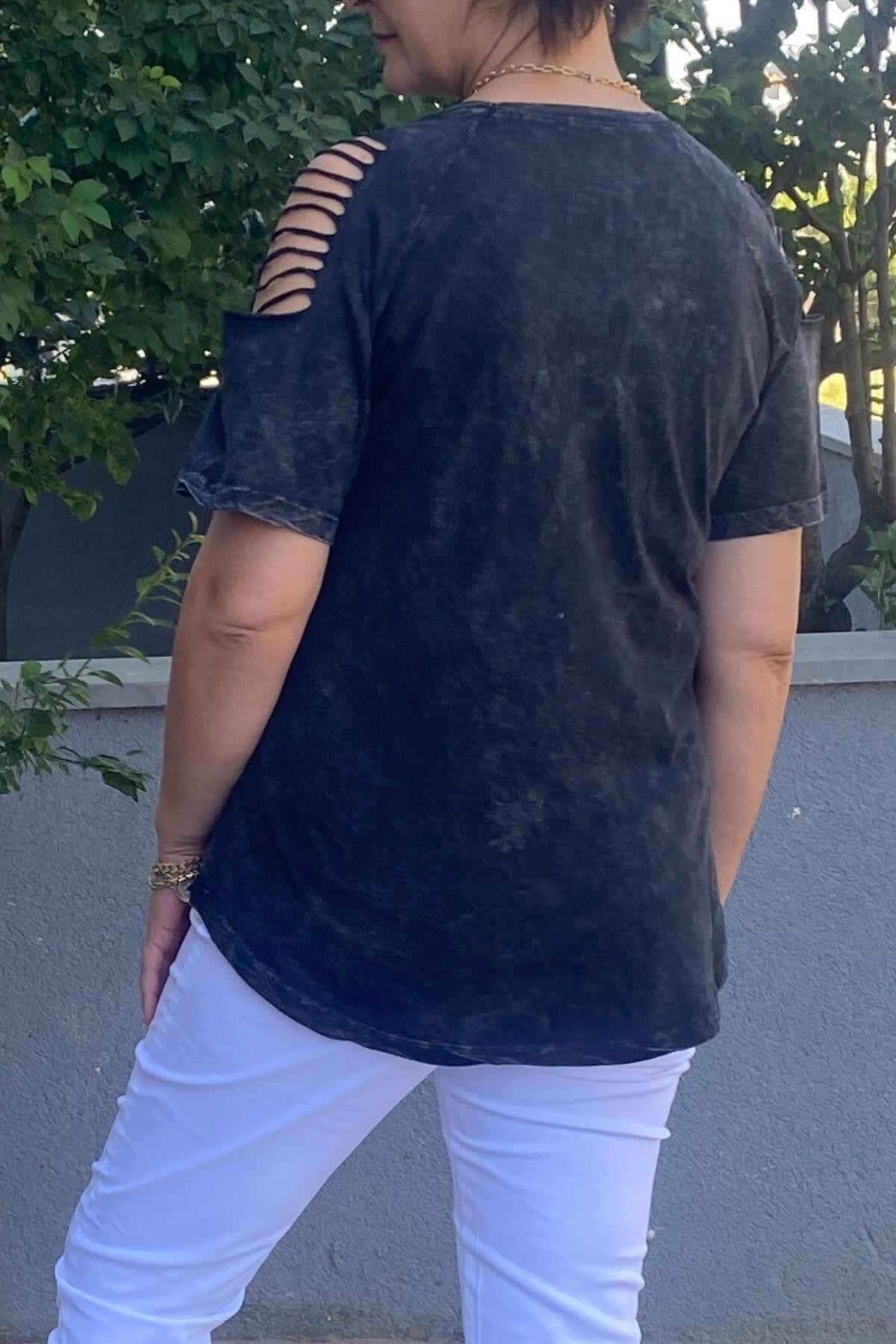 Büyük Beden Siyah Omuz Dekolte Pamuklu Tshirt