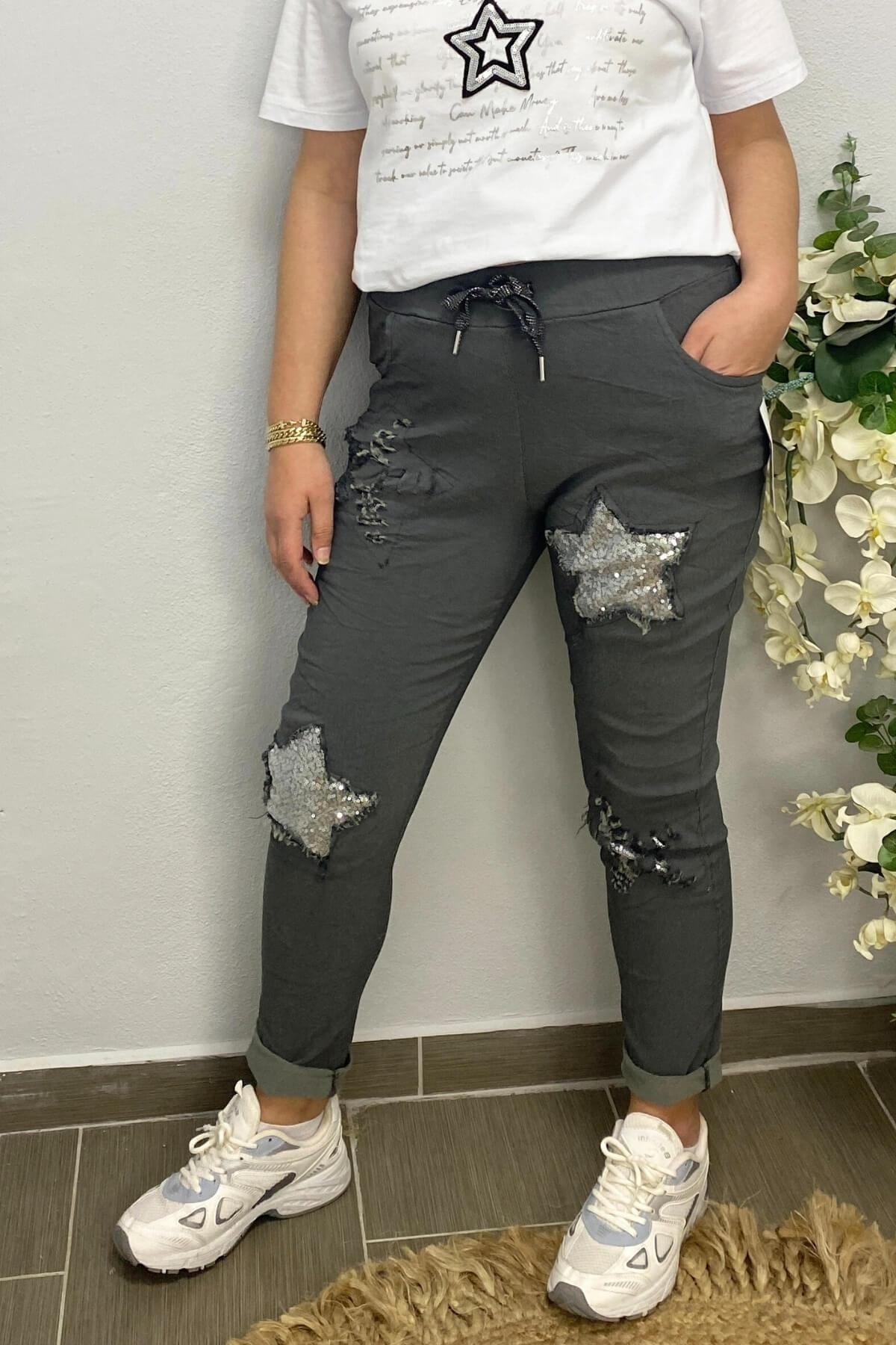 Kadın İtalyan Yıldız Detaylı Füme Pantolon