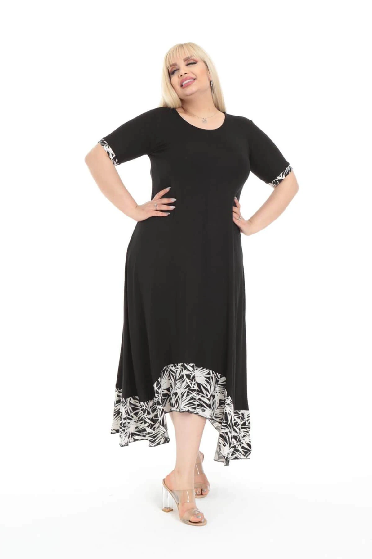 Büyük Beden Siyah Palmiye Desen Asimetrik Elbise