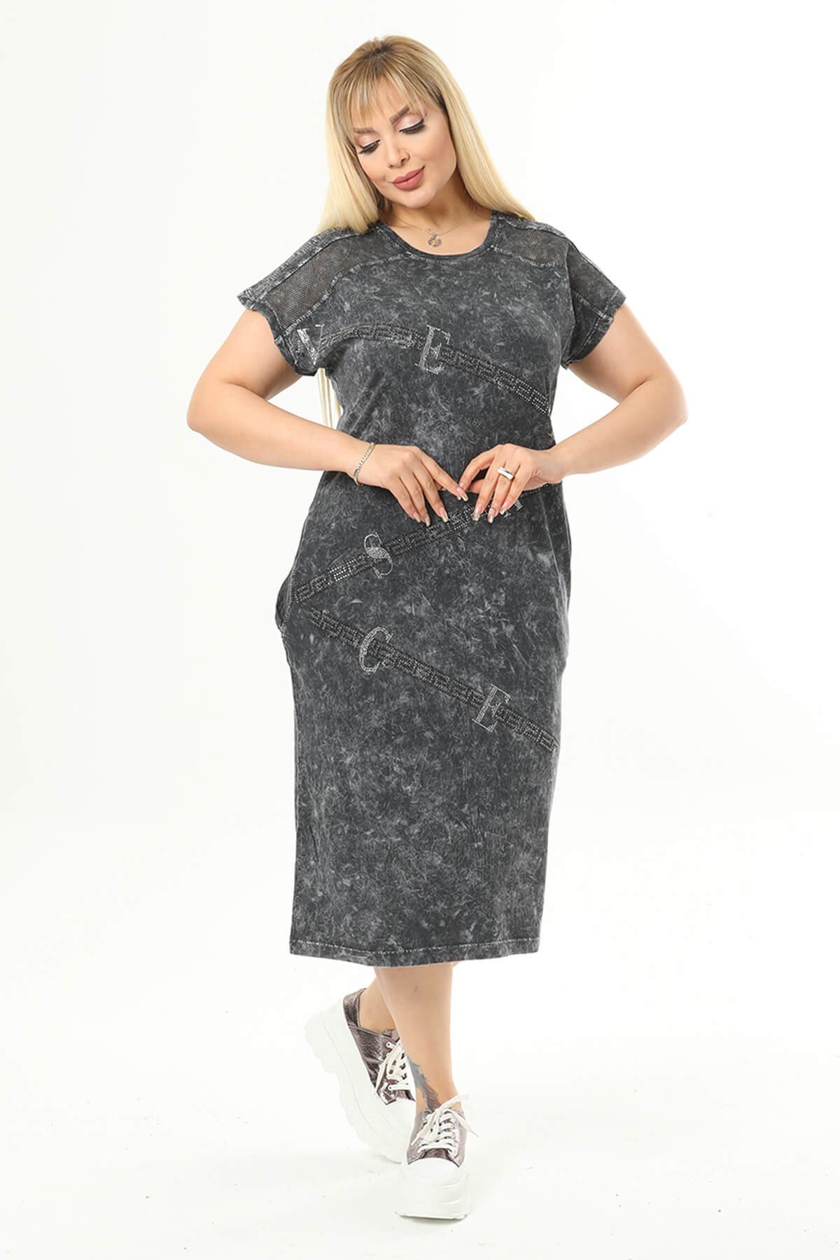 Büyük Beden Füme Gizli Cep Detaylı Elbise