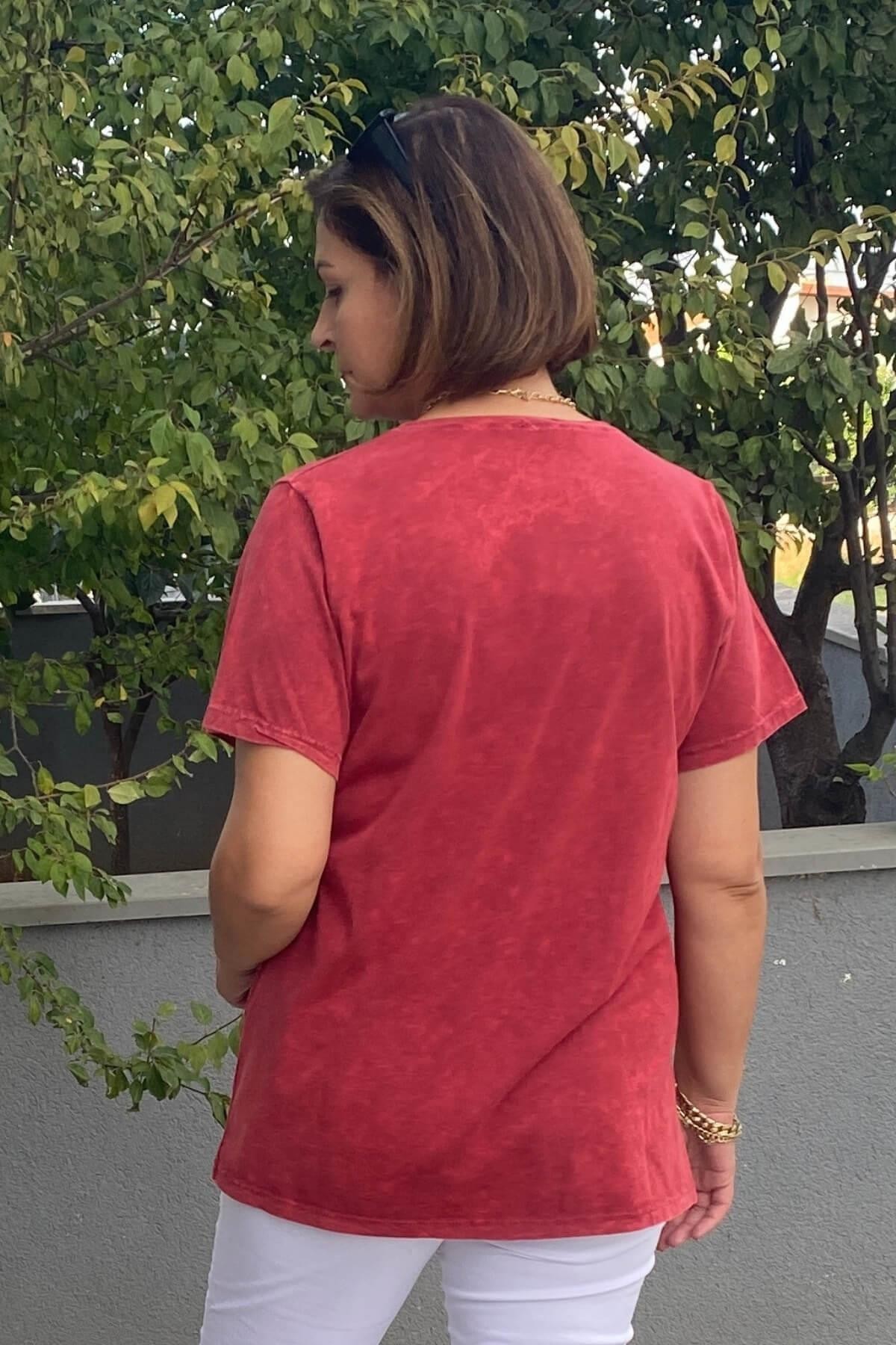 Büyük Beden Bordo Taş Detalı Tshirt
