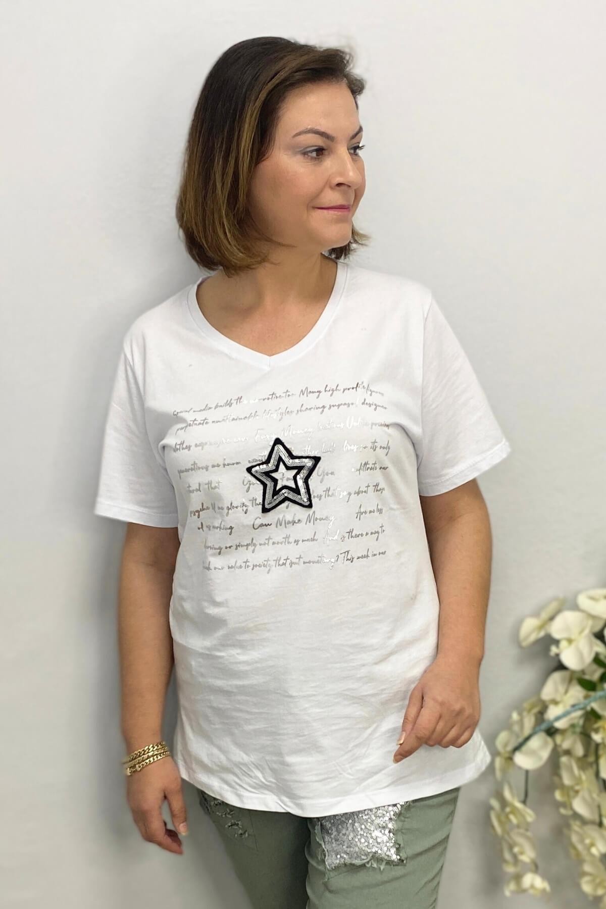 Kadın Beyaz Yıldız Varak Basklı T-shirt