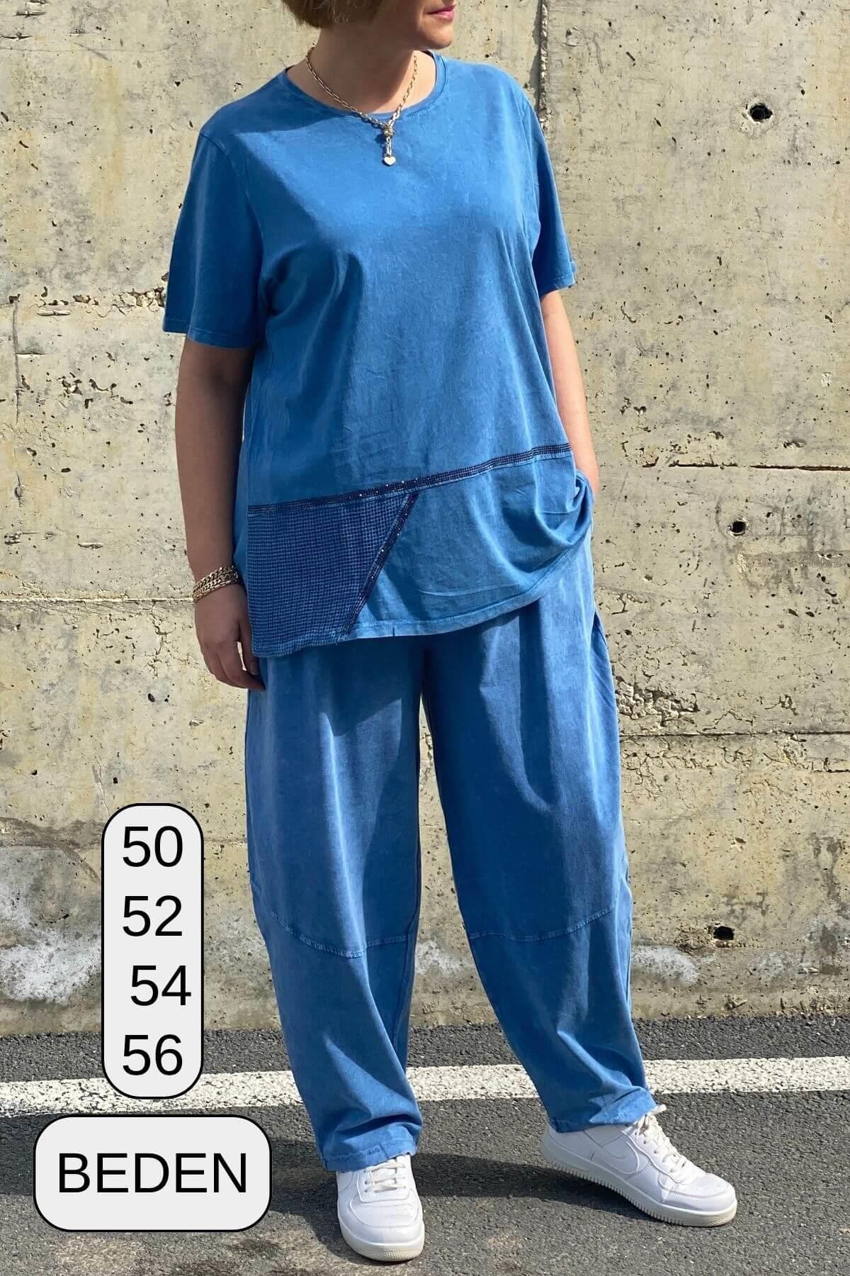 Büyük Beden Selenay Mavi Keten Takım