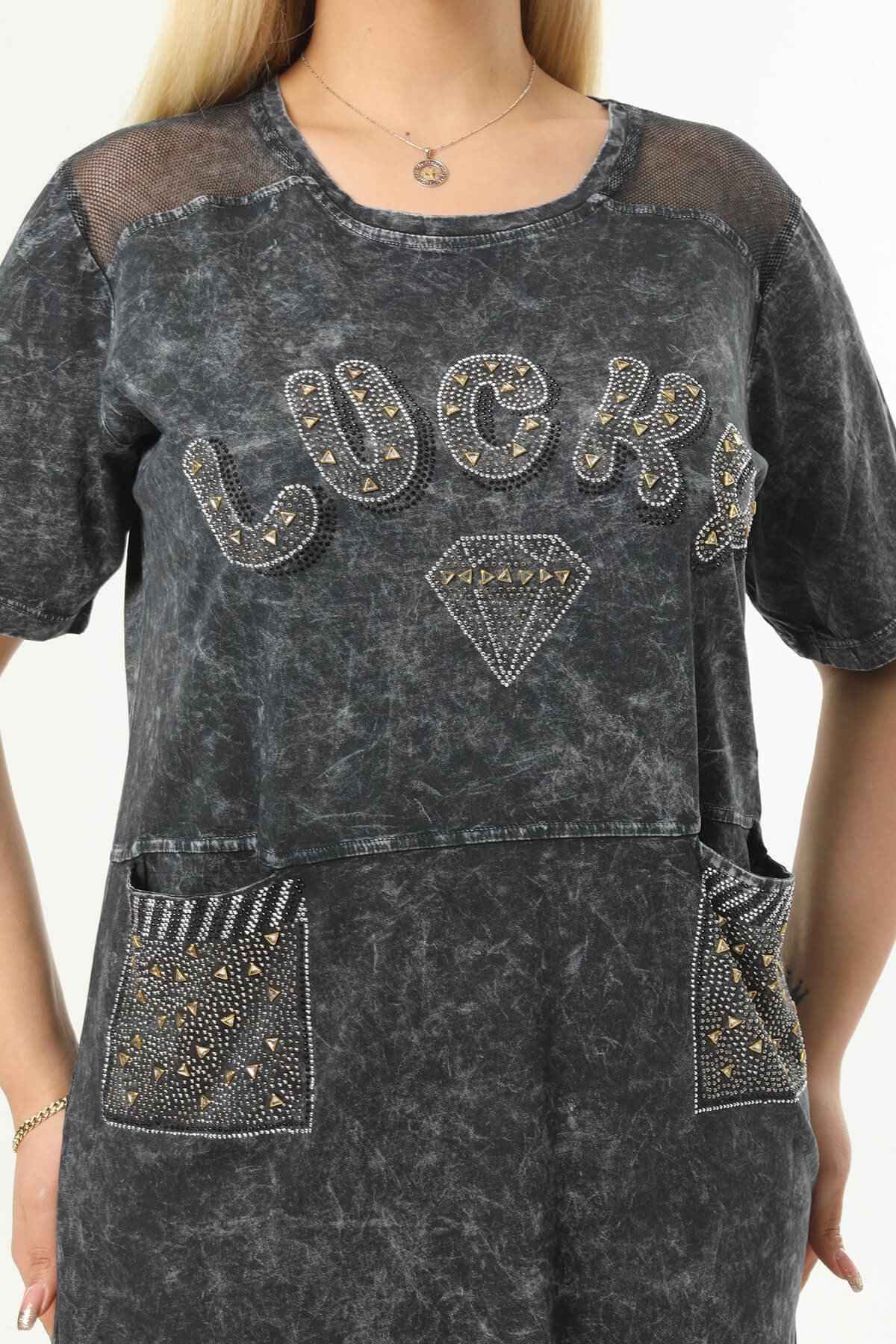 Büyük Beden Füme Omuzları File Detaylı Elbise