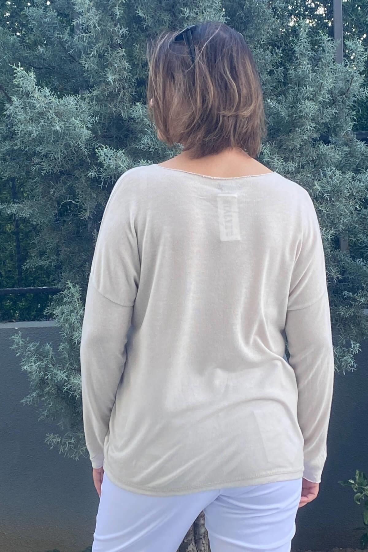 Kadın İtalyan Krem Varak Detaylı Triko Bluz