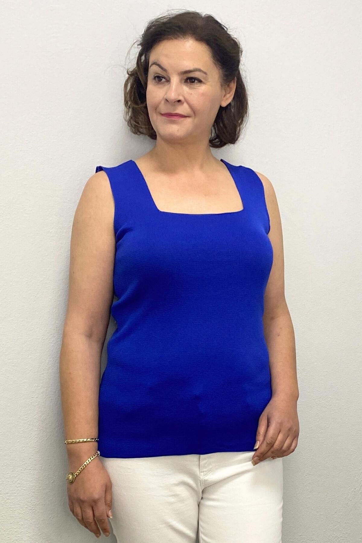 Büyük Beden Saks Mavi Kare Yaka Triko Bluz