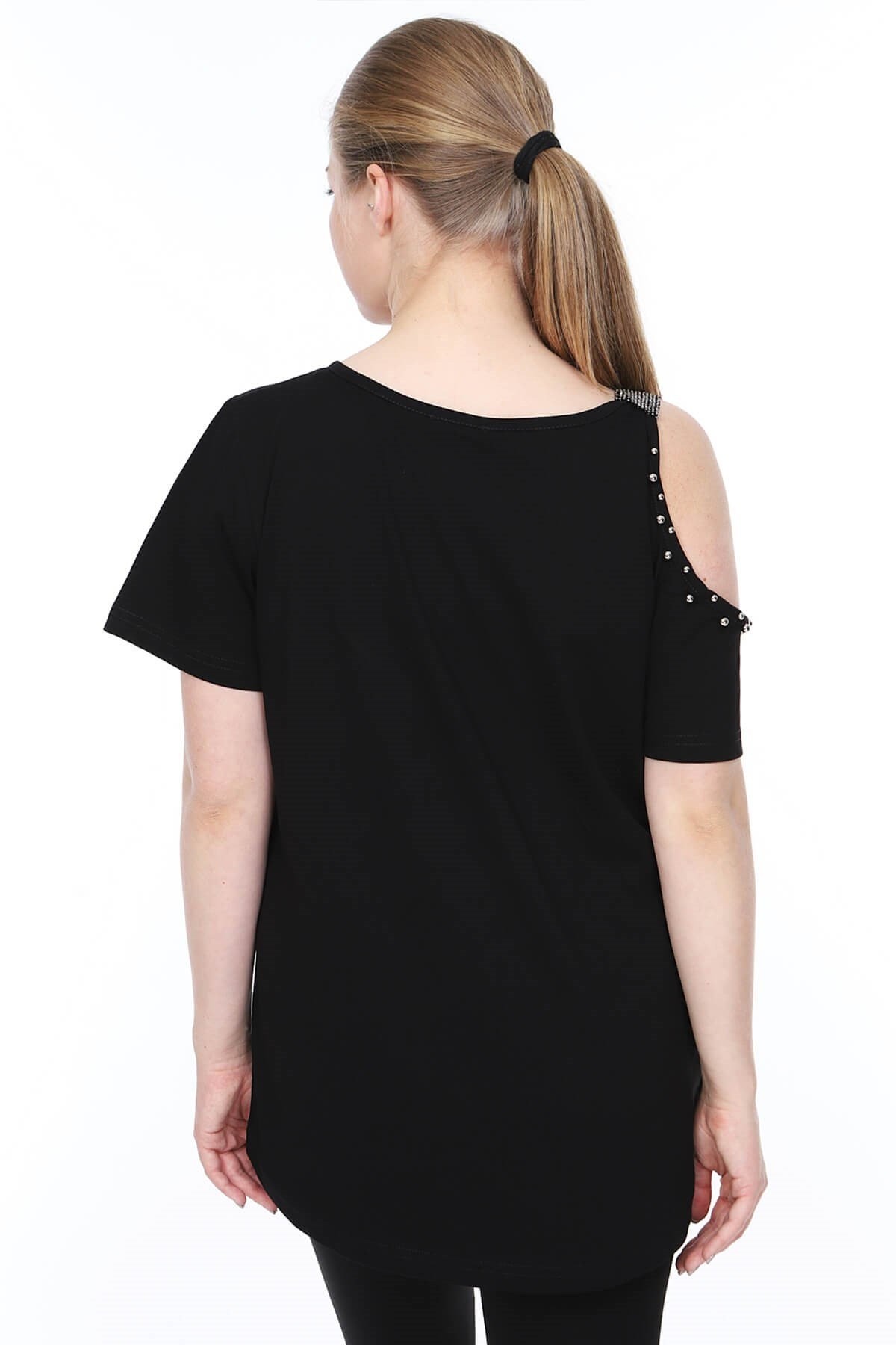 Büyük Beden Siyah Omuz Detaylı Tshirt