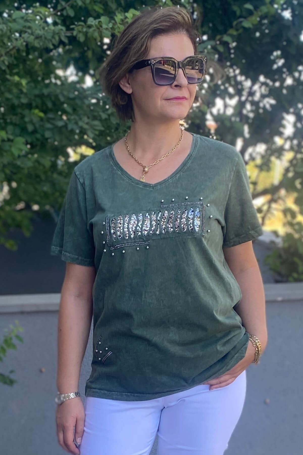Büyük Beden Haki İtalyan Yıkamalı Pencere Detaylı Tshirt