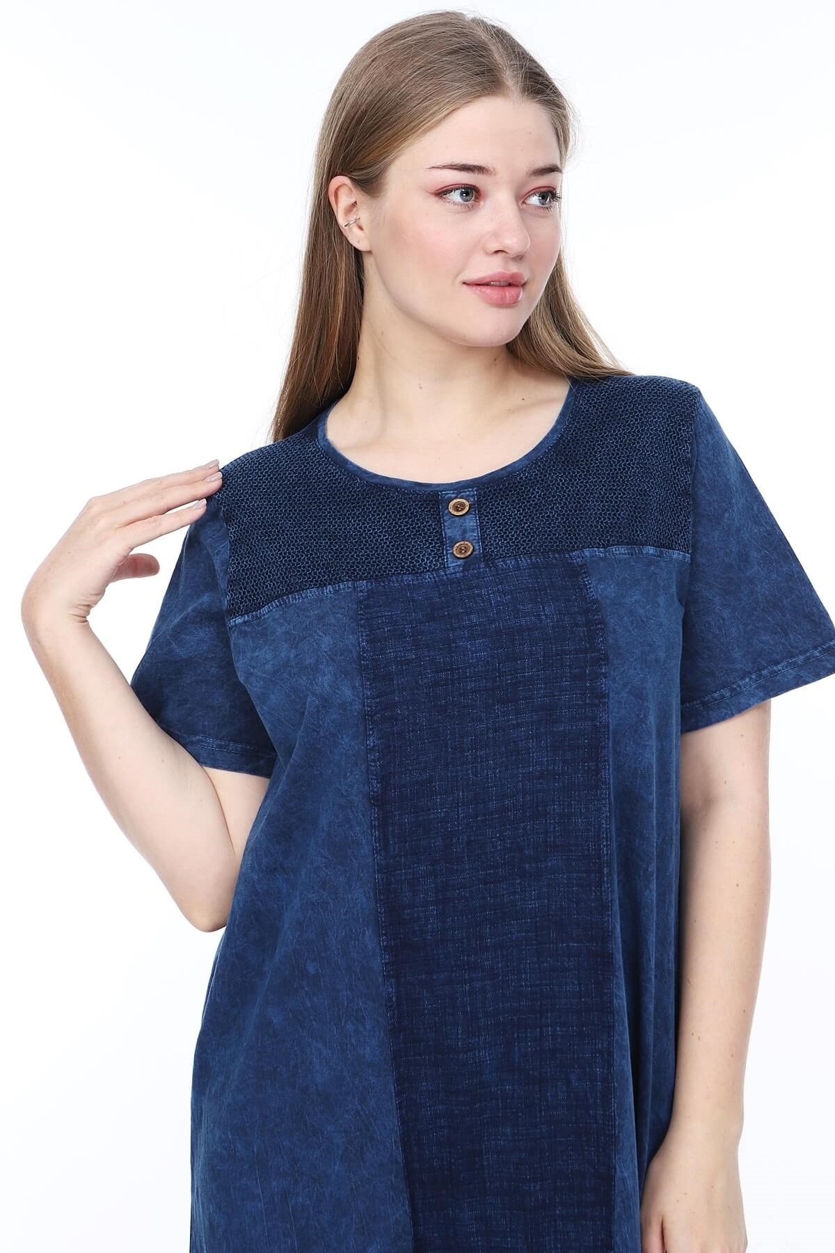 Büyük Beden İtalyan Yıkama Eteği Güpür Detaylı Kısa Kolu Lacivert  Elbise