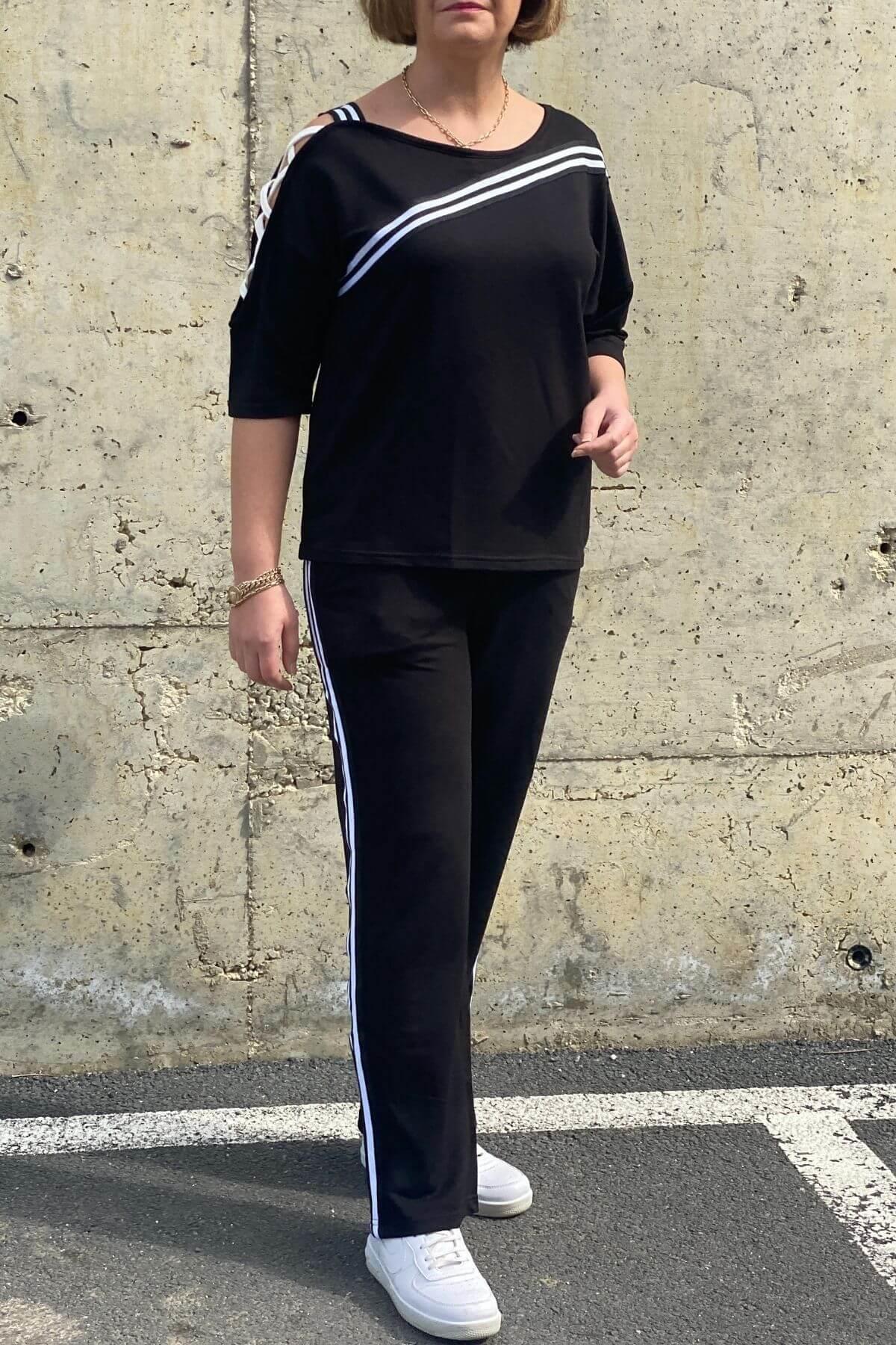 Büyük Beden Siyah Tek Omuz Dekolteli Eşortman Takım