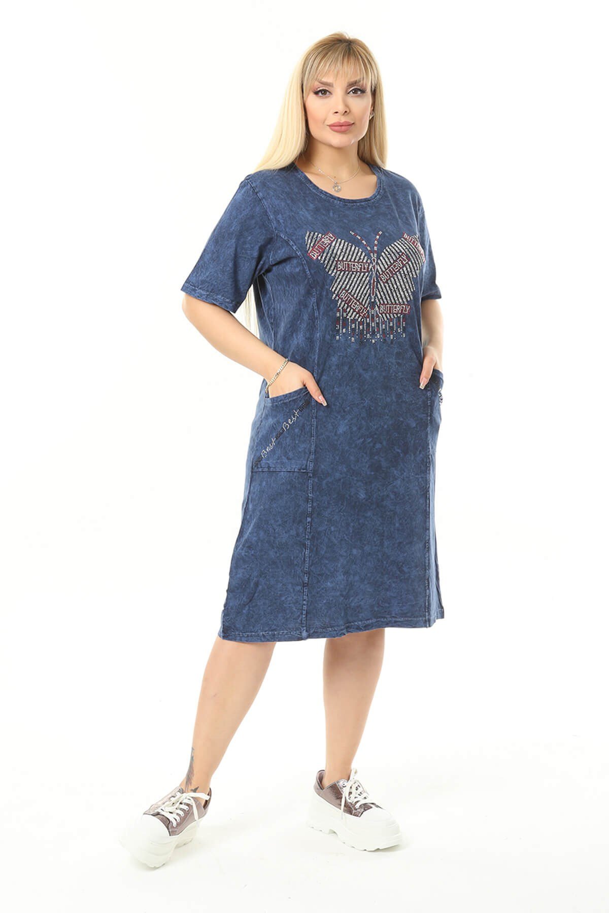 Büyük Beden Lacivert Kelebek Taslı Elbise