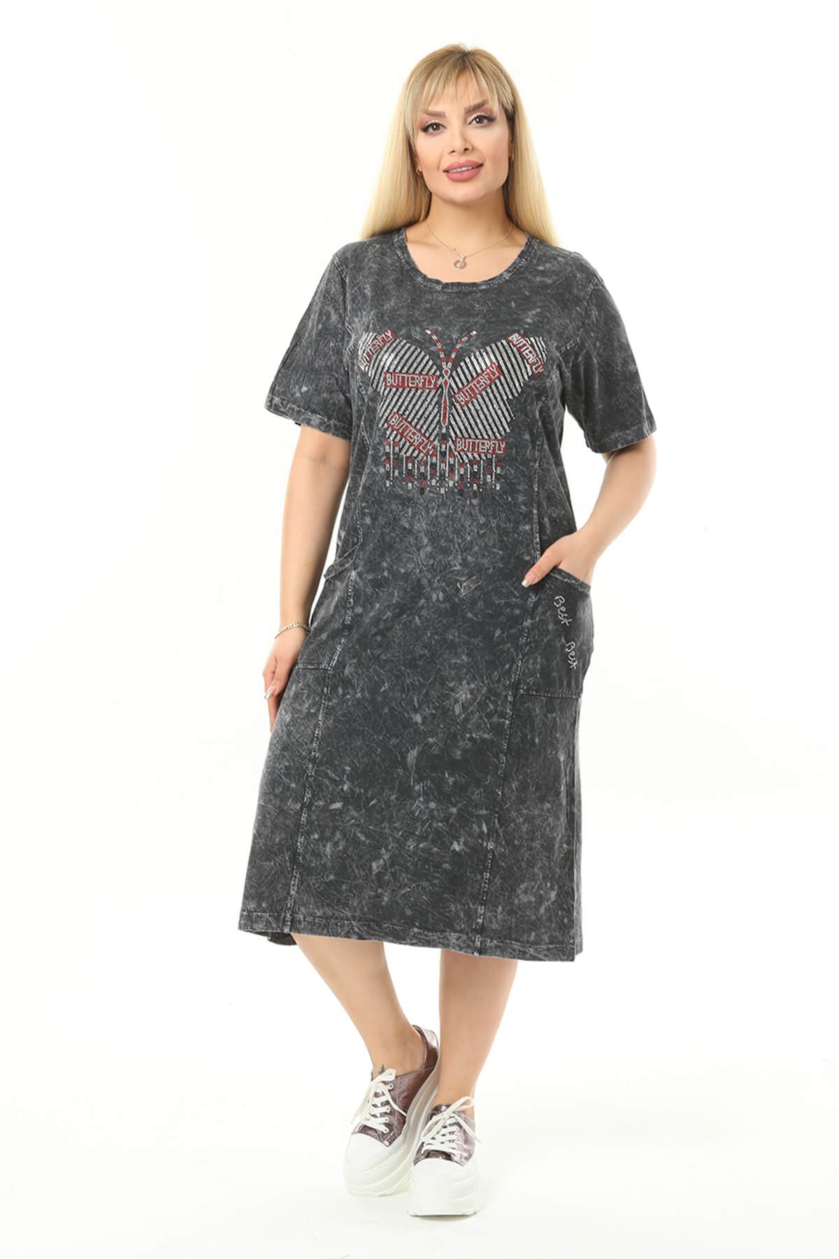 Büyük Beden Füme Kelebek Taslı Elbise
