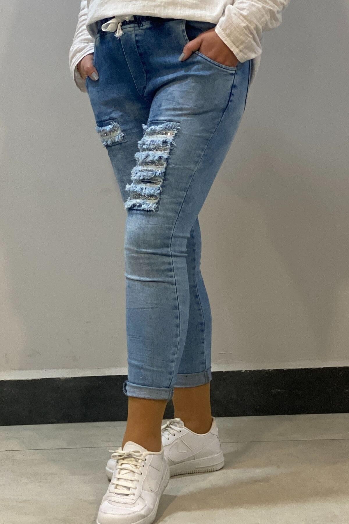 Kadın Mavi Payet Detaylı Full Likralı Kot Pantolon