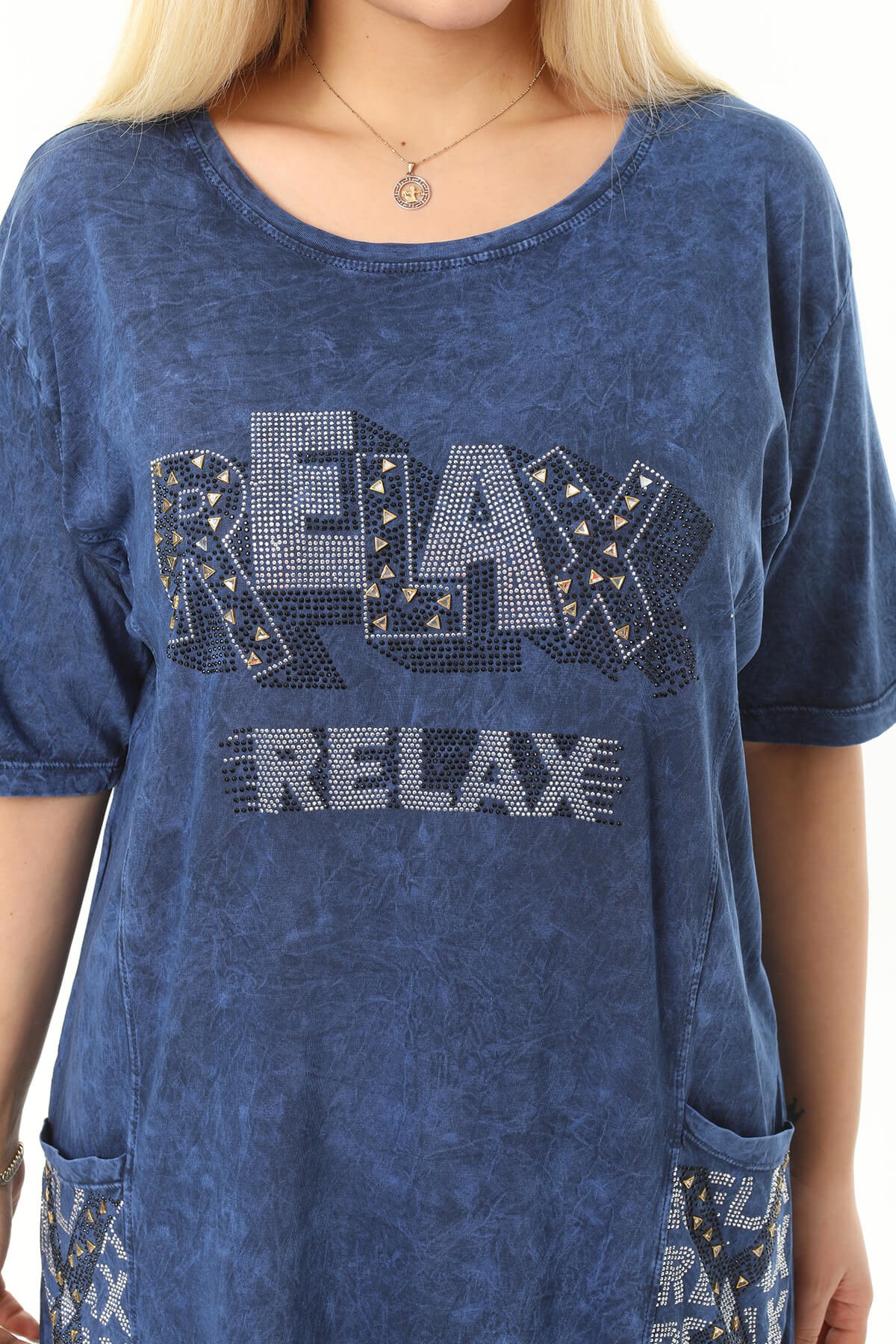 Büyük Beden Lacivert Eteği Dantel Detaylı Elbise