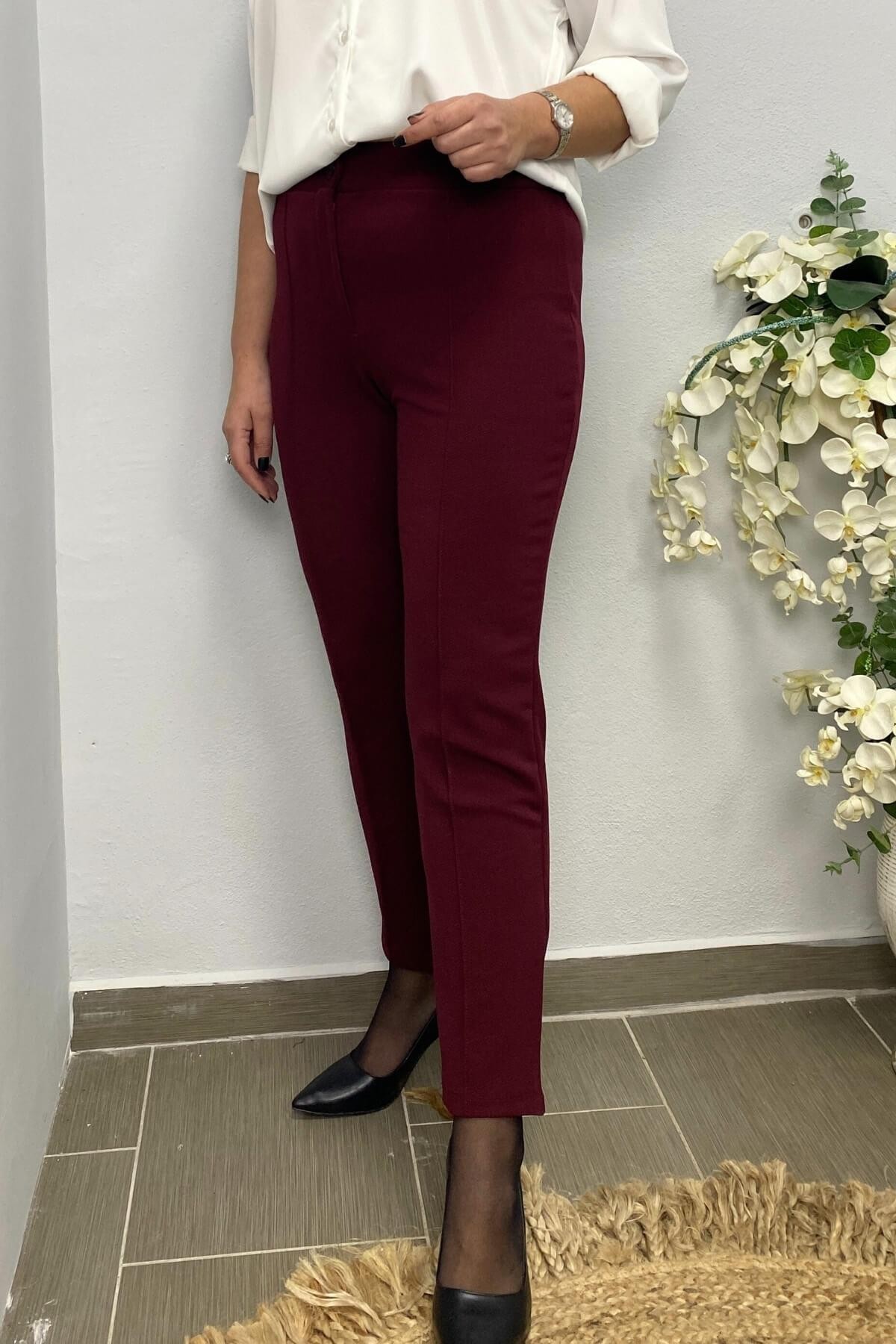 Dertsiz Büyük Beden Bordo Toparlayıcı Kumaş Pantolon