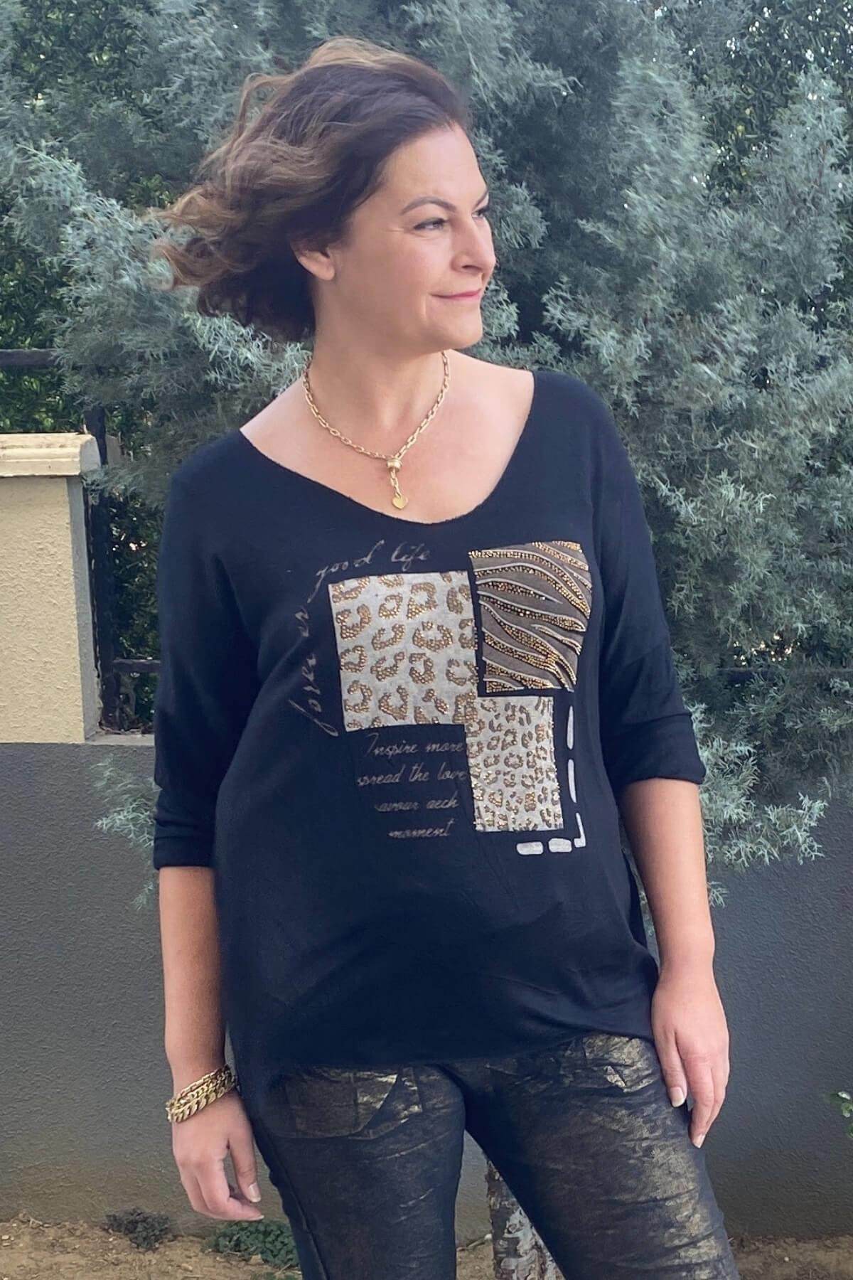 Kadın İtalyan Baskılı Angora Siyah Triko Bluz