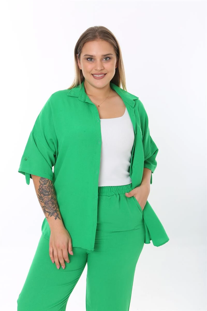 Büyük Beden Yeşil Paçaları Pens Detaylı Takım