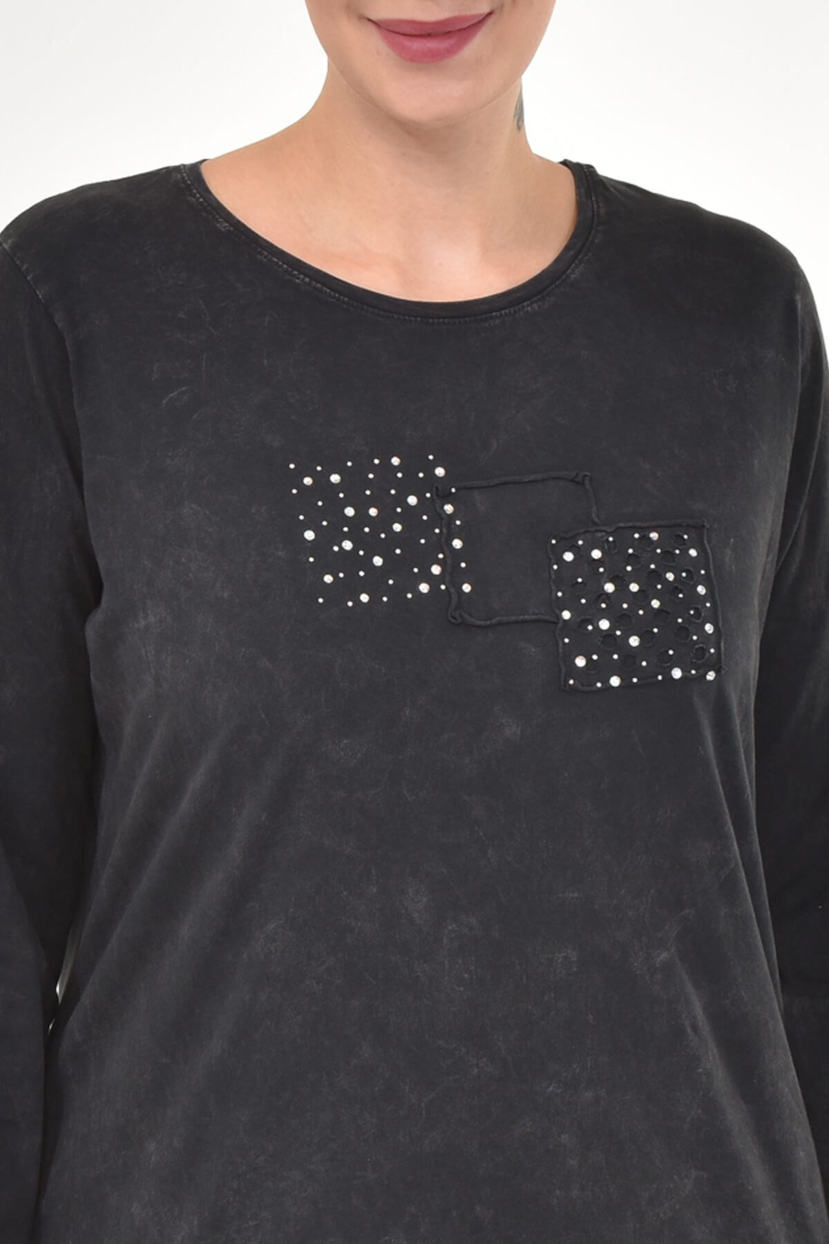 Büyük Beden İtalyan Yıkamalı Siyah Uzun  Kolu Tshirt