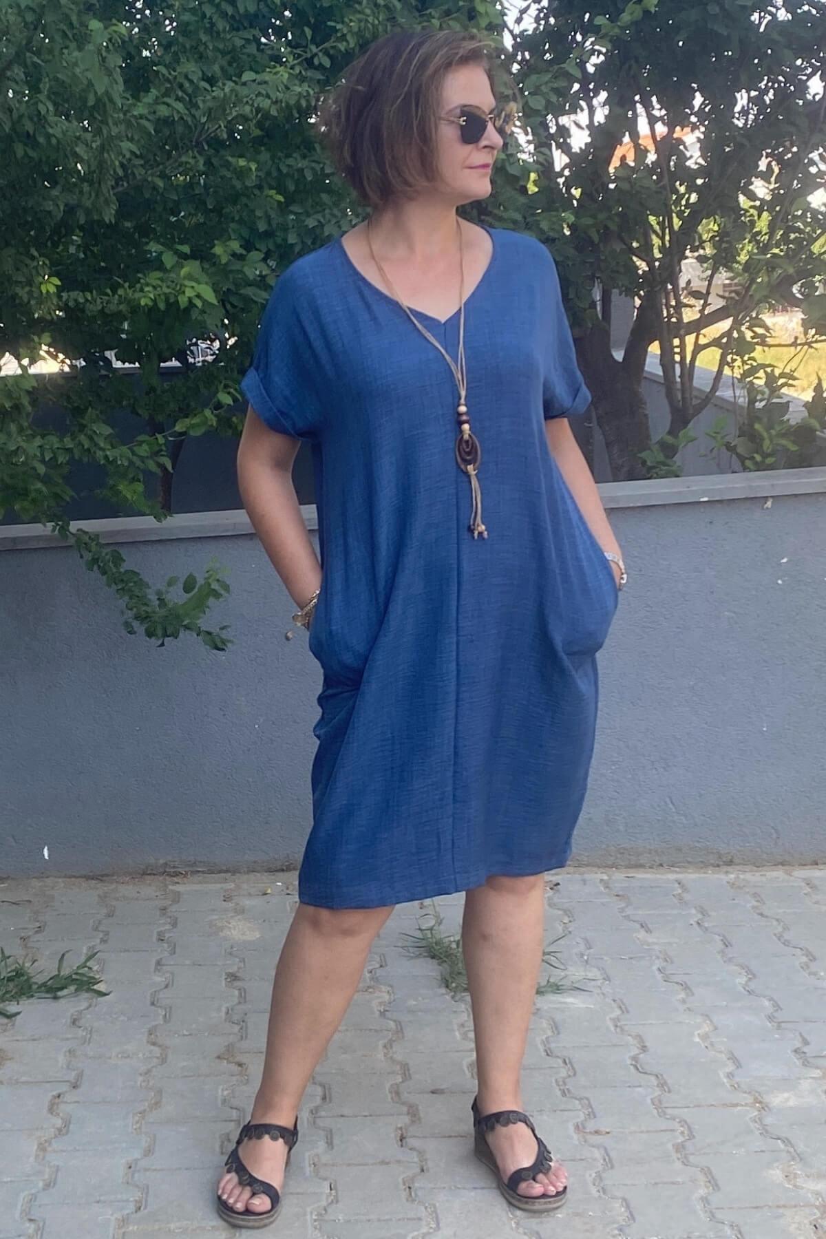 Büyük Beden Lacivert Kolye Hediyeli Salaş Elbise