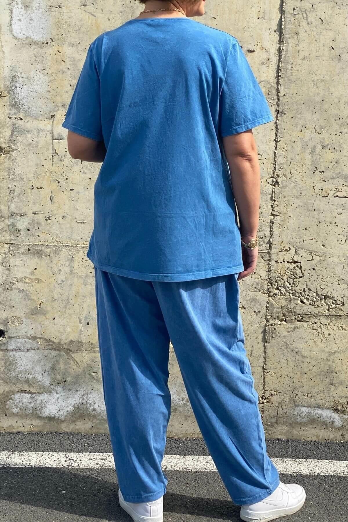 Büyük Beden Selenay Mavi Keten Takım