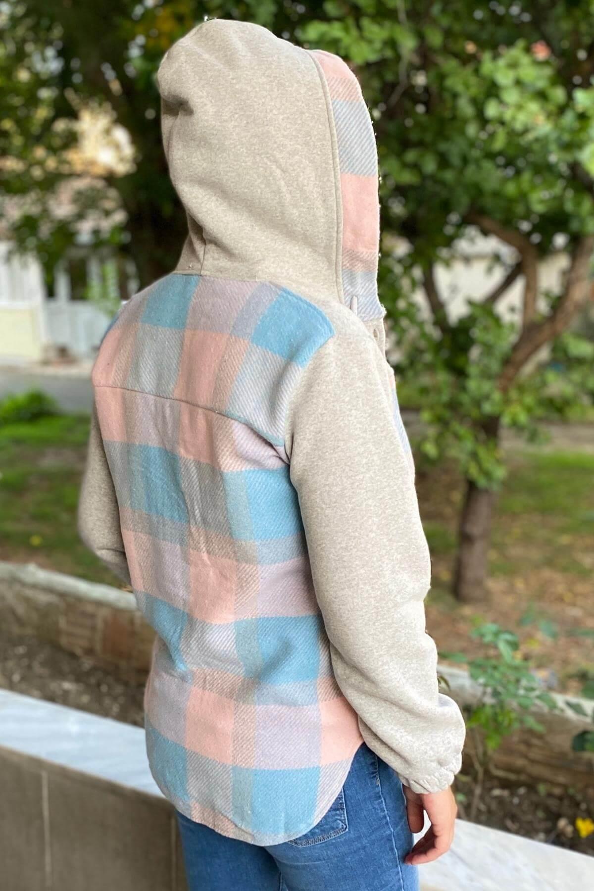 Kadın Mavi Kapşonlu Oduncu Gömlek Ceket