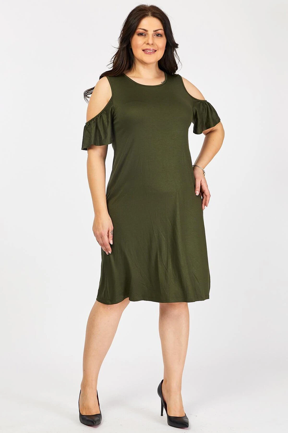 Büyük Beden Haki Omuzu Dekolteli Elbise