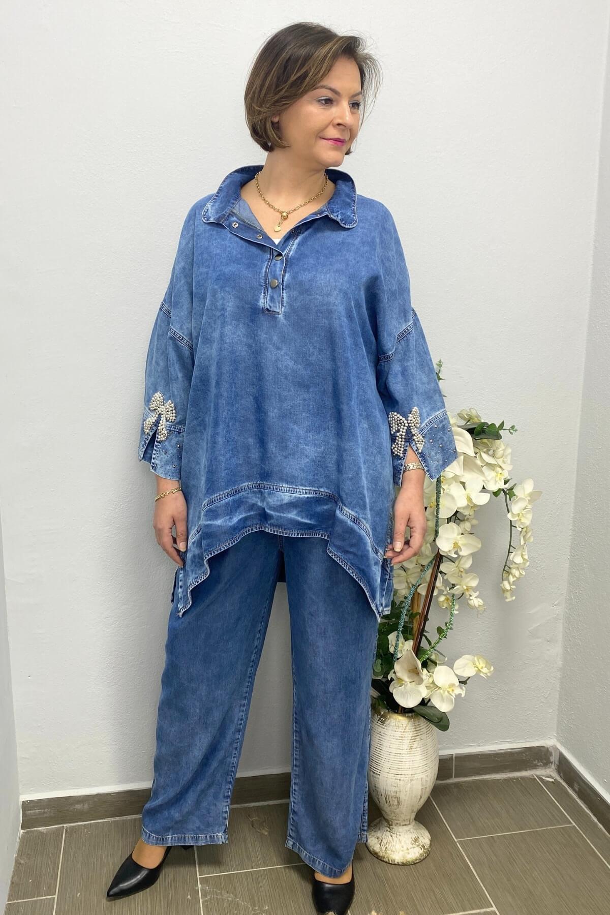 Kadın Mavi Özel Tasarım İncili Taşlı Takım