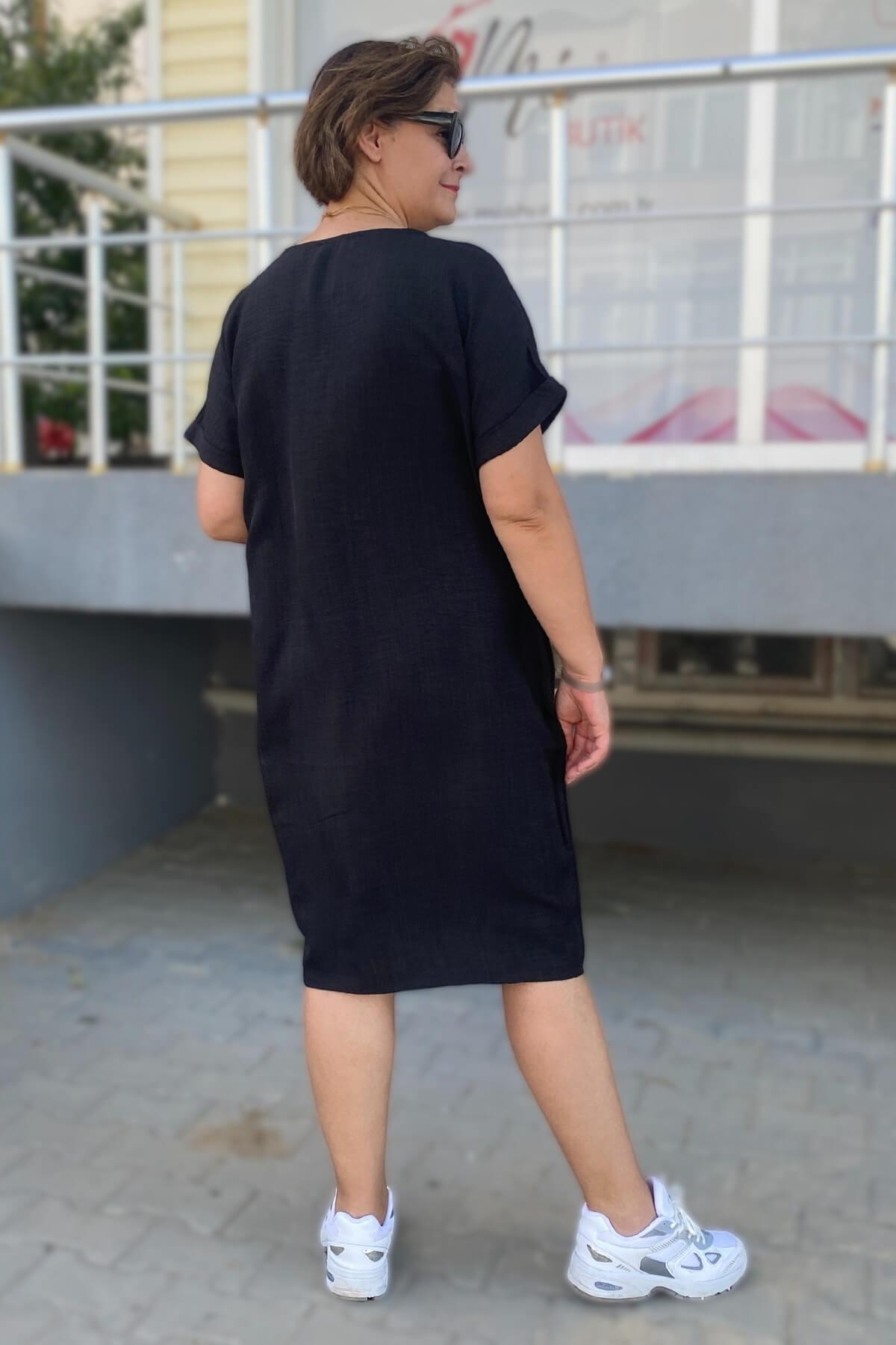 Büyük Beden Siyah Kolye Hediyeli Salaş Elbise