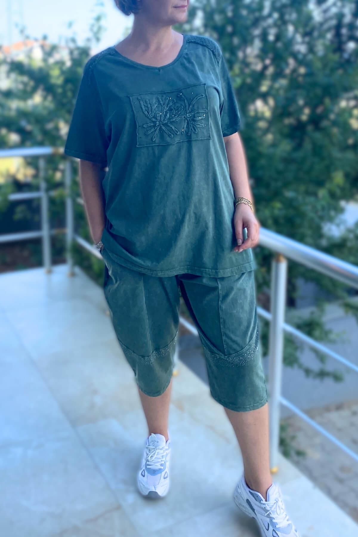 Büyük Beden Haki Yaprak Desenli Bermuda Takım