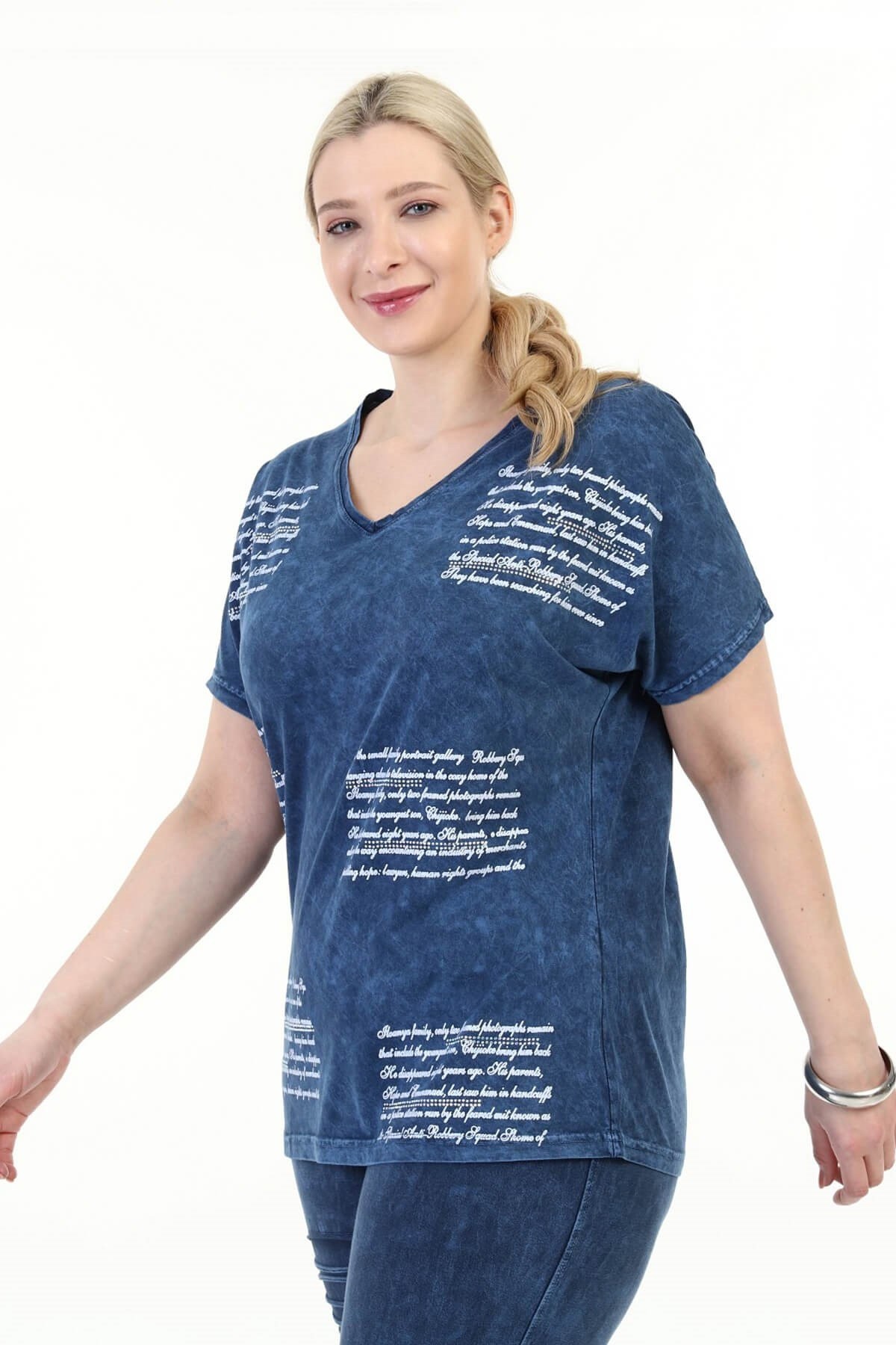 Büyük Beden İtalyan Yıkamalı Lacivert Yarasa Kol Tshirt