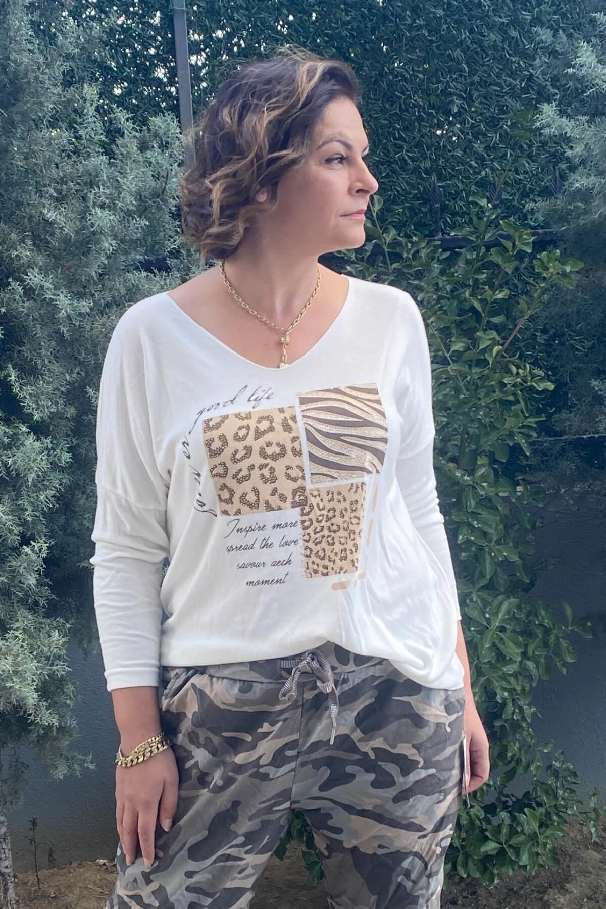 Kadın İtalyan Baskılı Angora Beyaz Triko Bluz