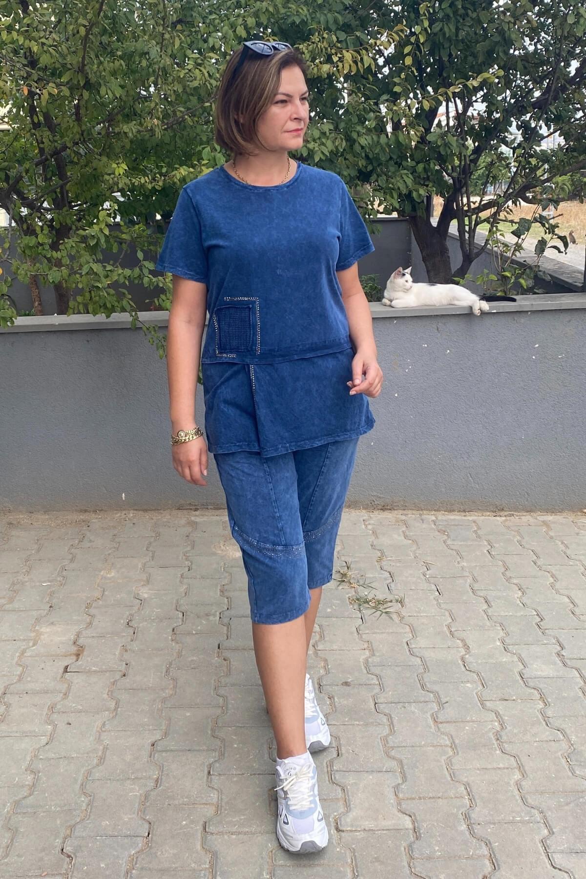 Büyük Beden Lacivert  Zümrüt Kapri Takım