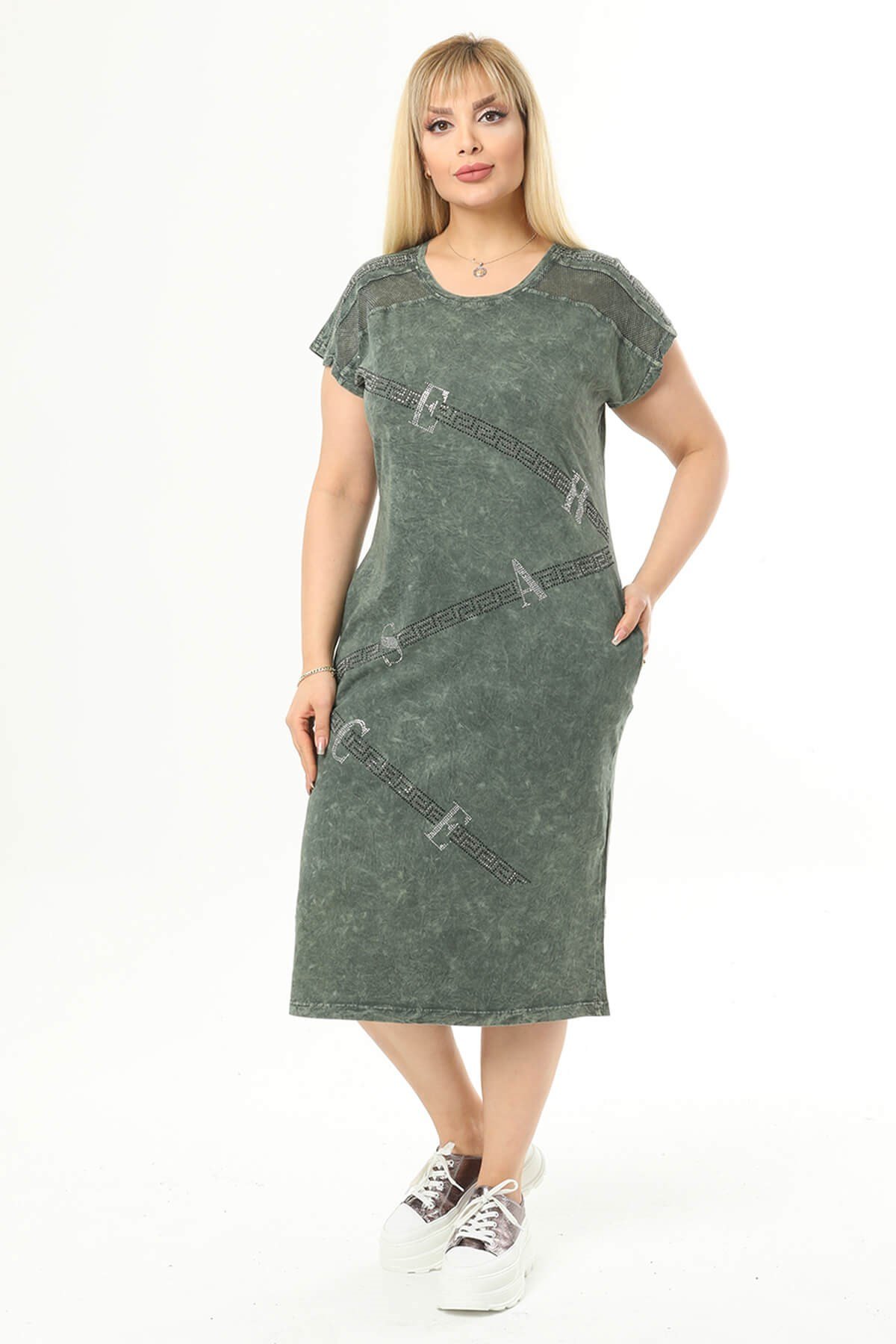 Büyük Beden Haki Gizli Cep Detaylı Elbise