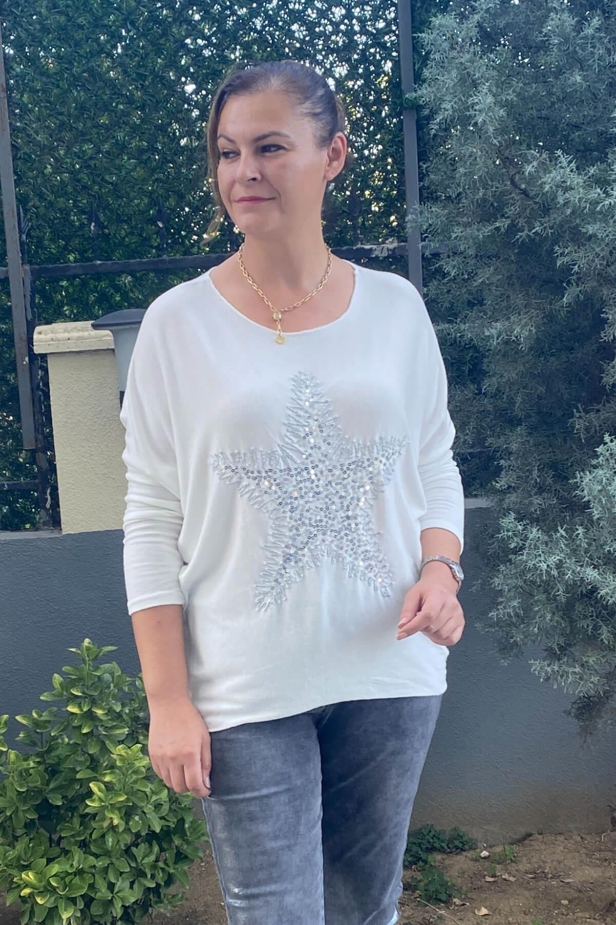 Kadın İtalyan Yıldız İşlmeli Beyaz  Bluz