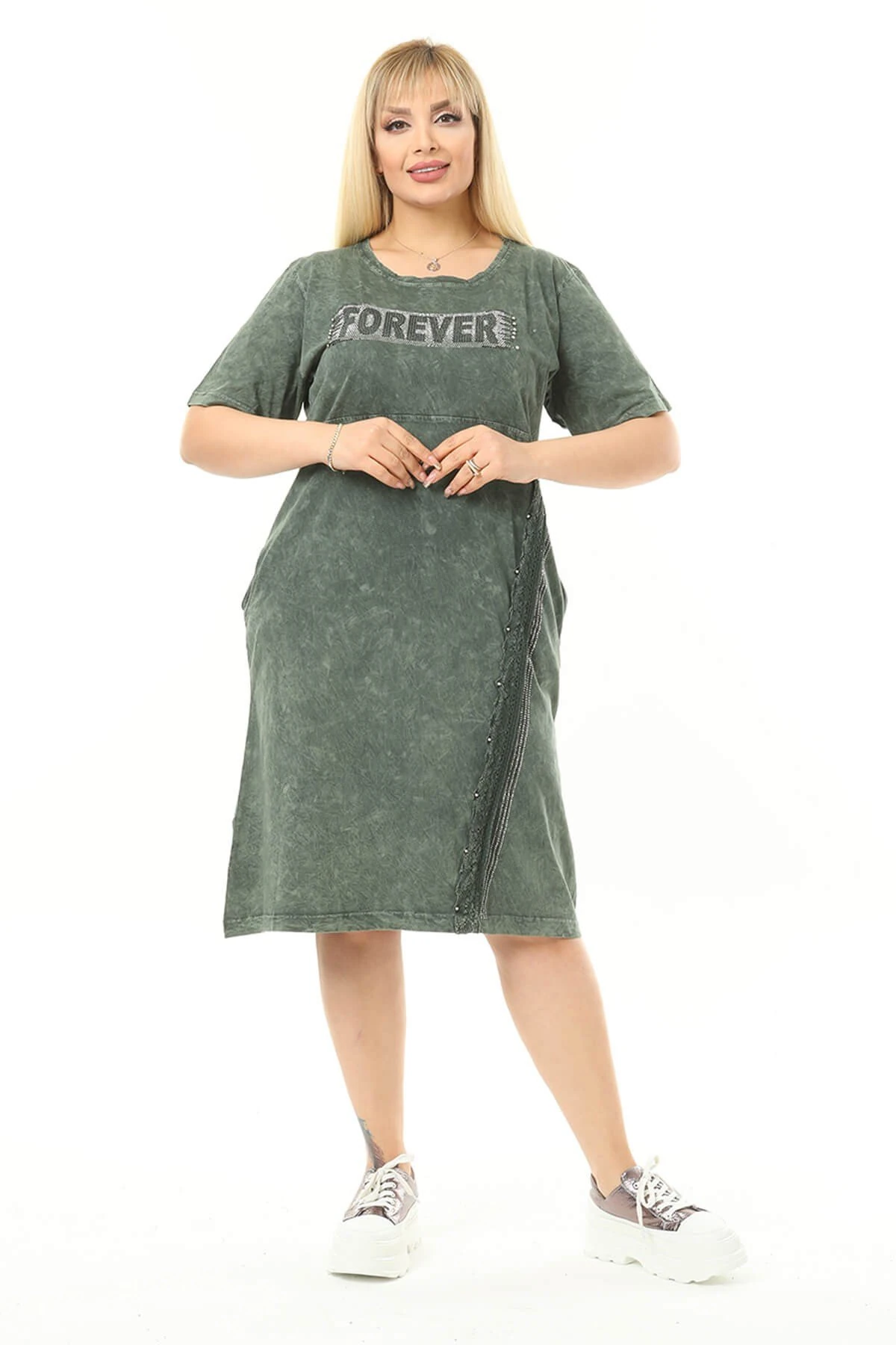 Büyük Beden Haki Yuvarlak Yaka Yıkamalı Elbise