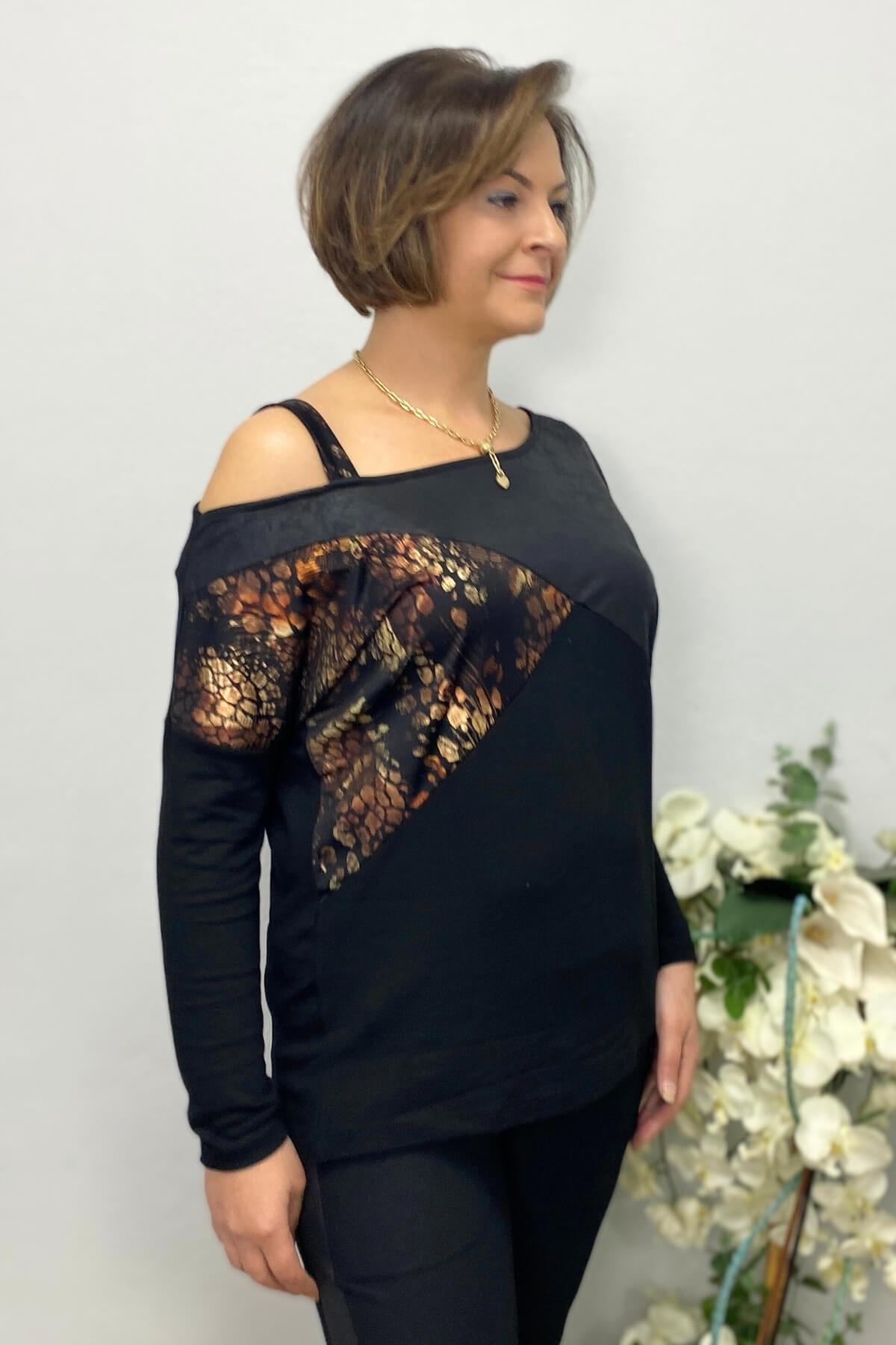 Büyük Beden Kahve Tek Omuz Leopar detaylı Bluz