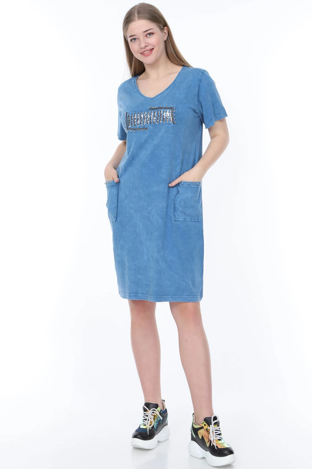 Büyük Beden İtalyan Yıkamalı Mavi Önü Pencereli Pullu Elbise