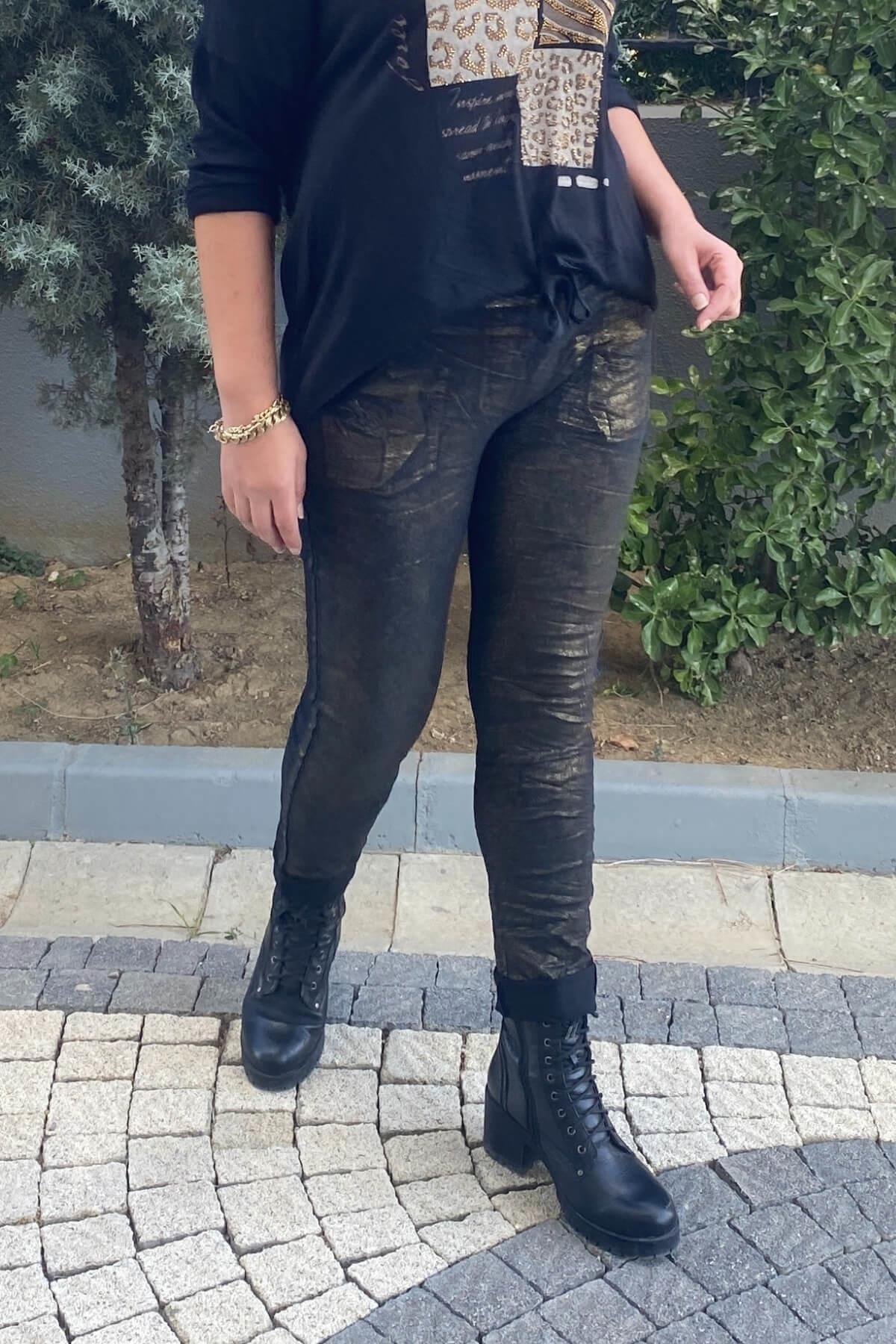 Kadın İtalyan Varak Basklı Siyah Pantolon