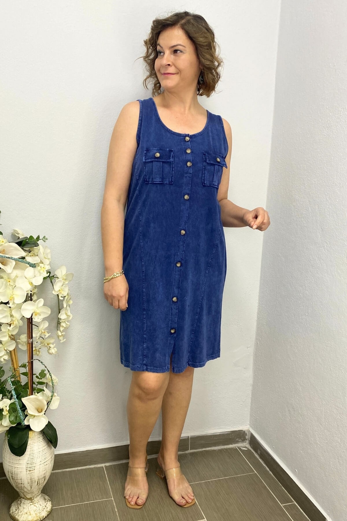 Kadın Yıkamalı Önden Düğmeli Elbise