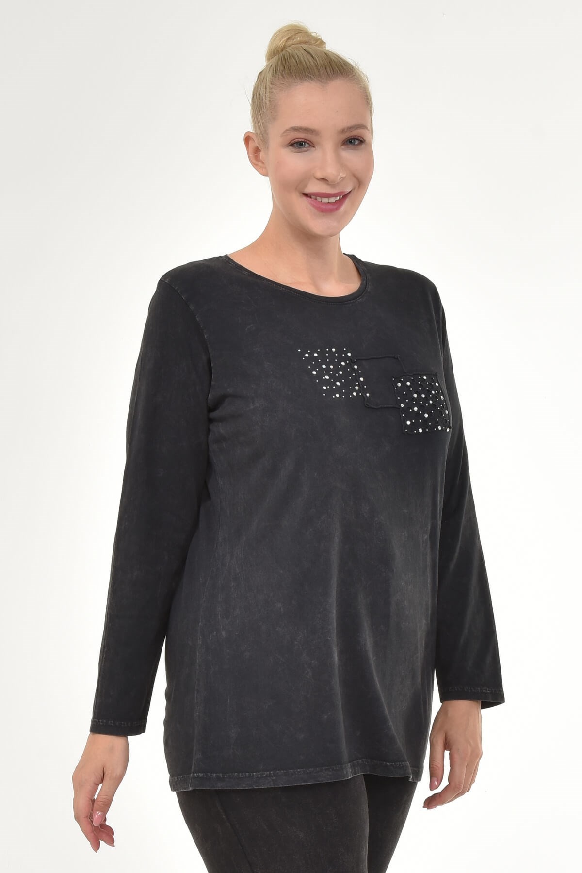 Büyük Beden İtalyan Yıkamalı Siyah Uzun  Kolu Tshirt