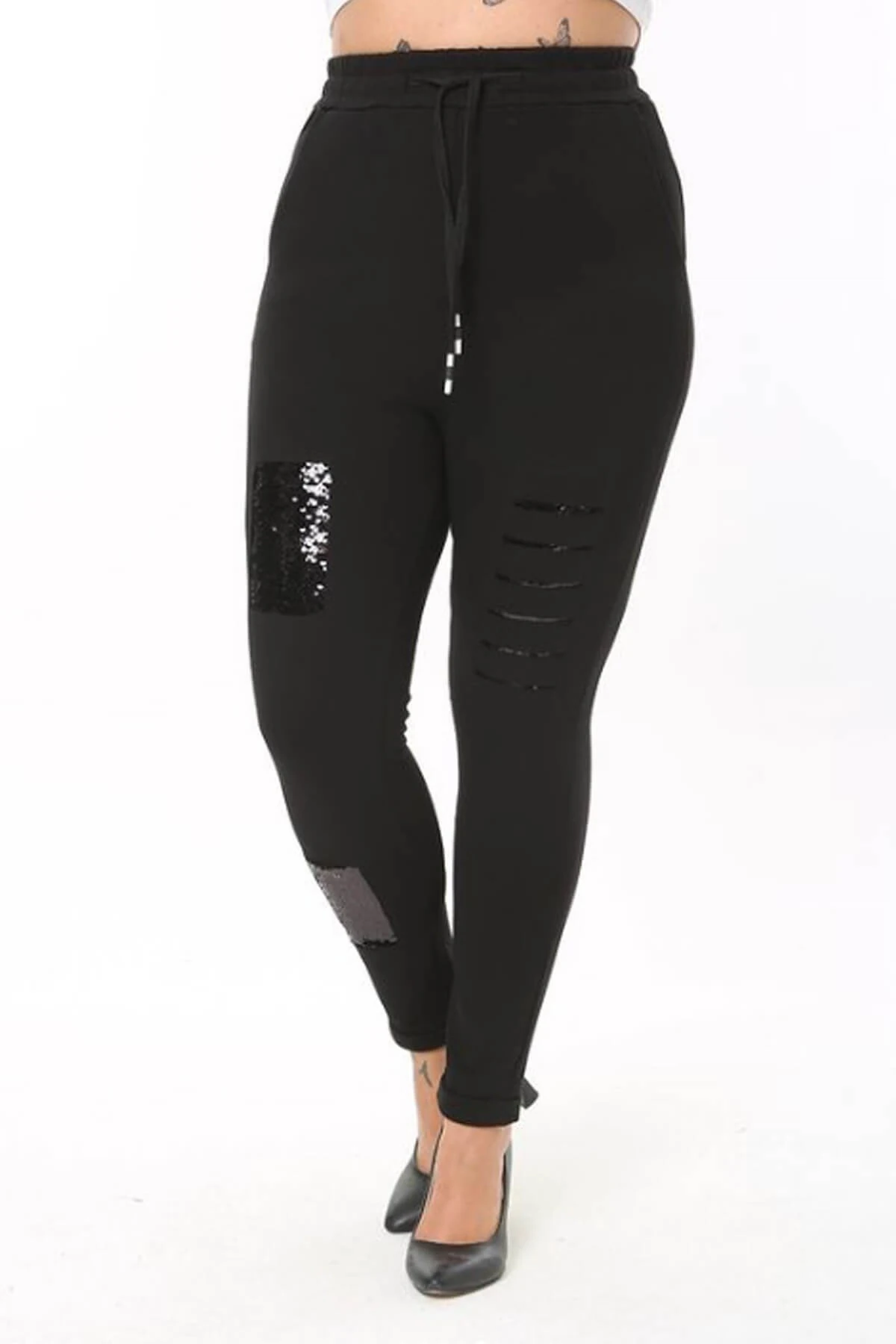 Büyük Beden Siyah Pul Paletli Detaylı Pantolon